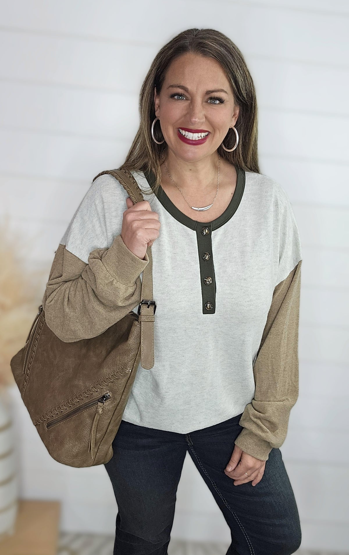 HEATHER GREY BRUSHED KNIT COLORBLOCK HENLEY TOP