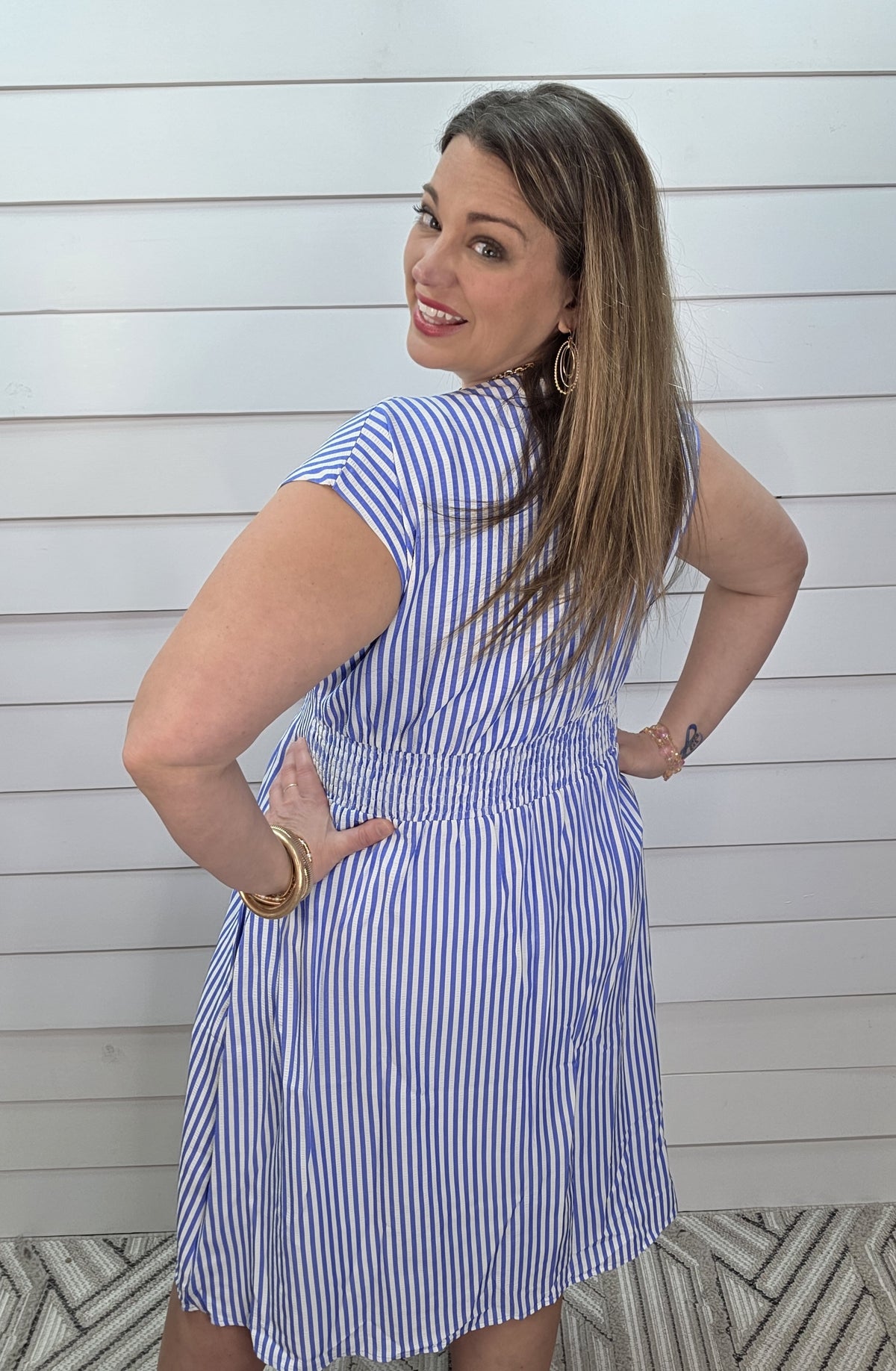 BLUE STRIPED V NECK PLEATED WOVEN DRESS W/ BACK SMOCKING