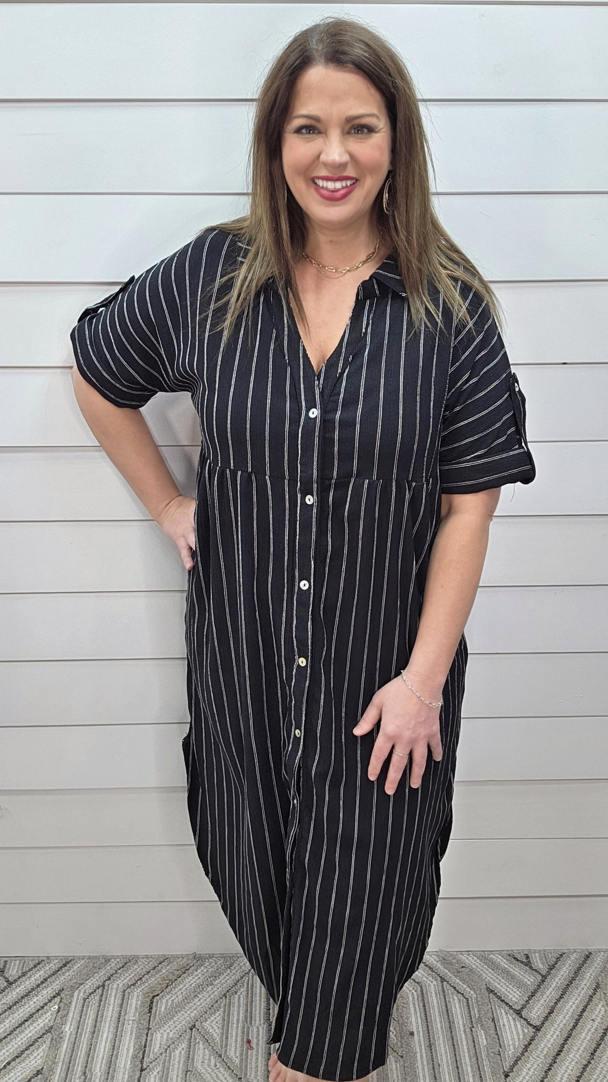 BLACK PIN STRIPE BUTTON DOWN SHIFT DRESS