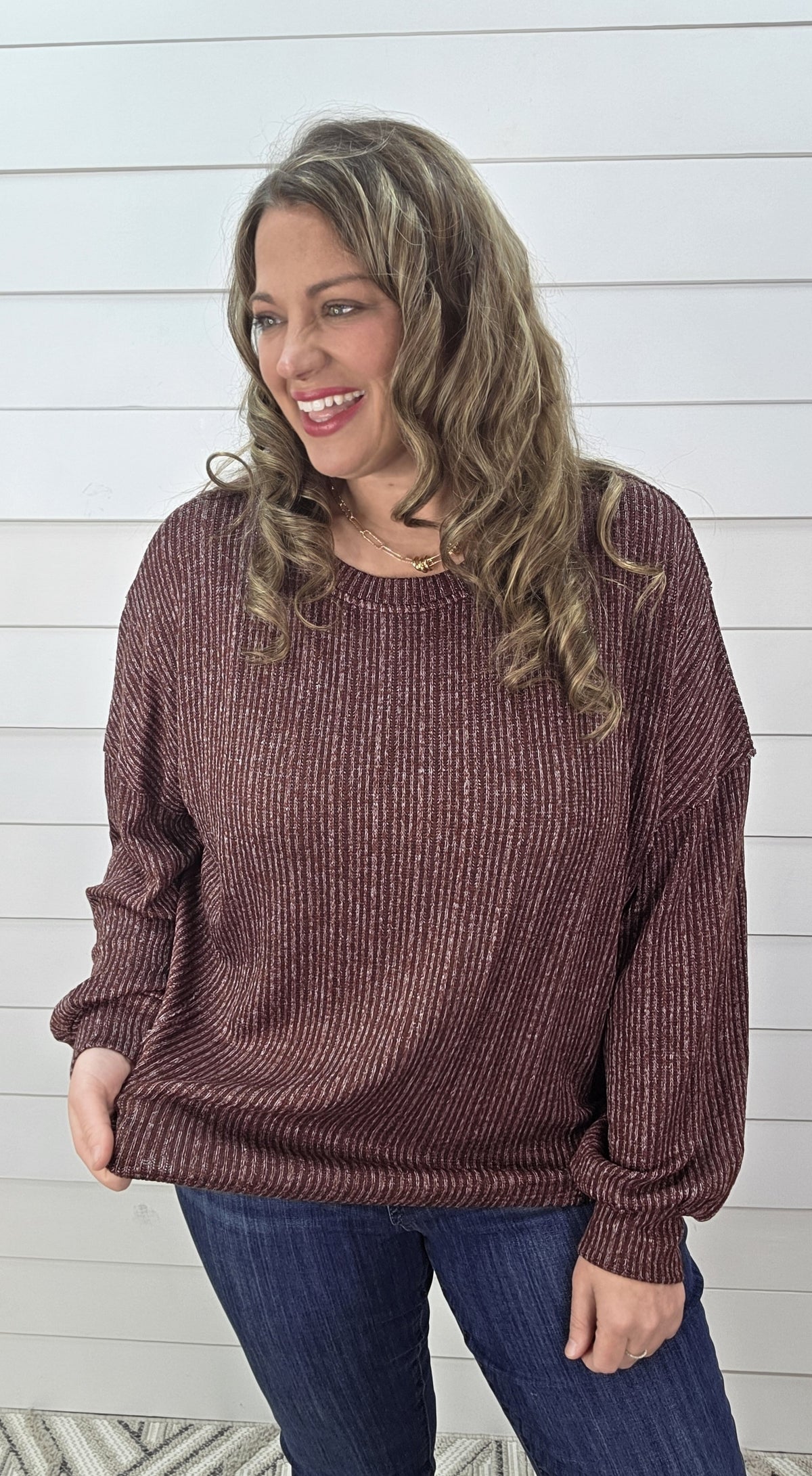 WINE MARBLED LONG SLEEVE KNIT TOP