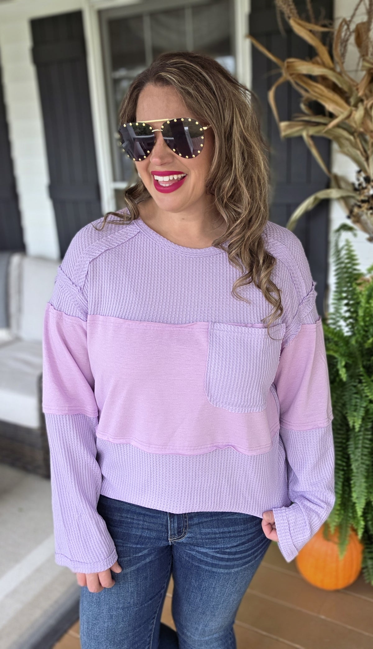 PURPLE WAFFLE CONTRAST POCKET KNIT TOP