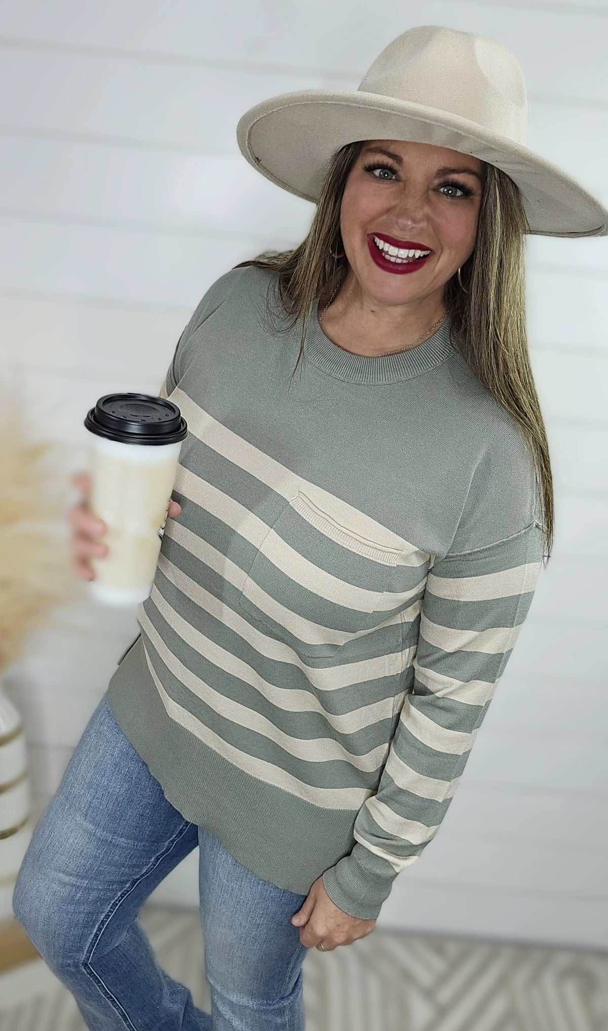 SAGE/OATMEAL STRIPED POCKET LIGHT WEIGHT SWEATER