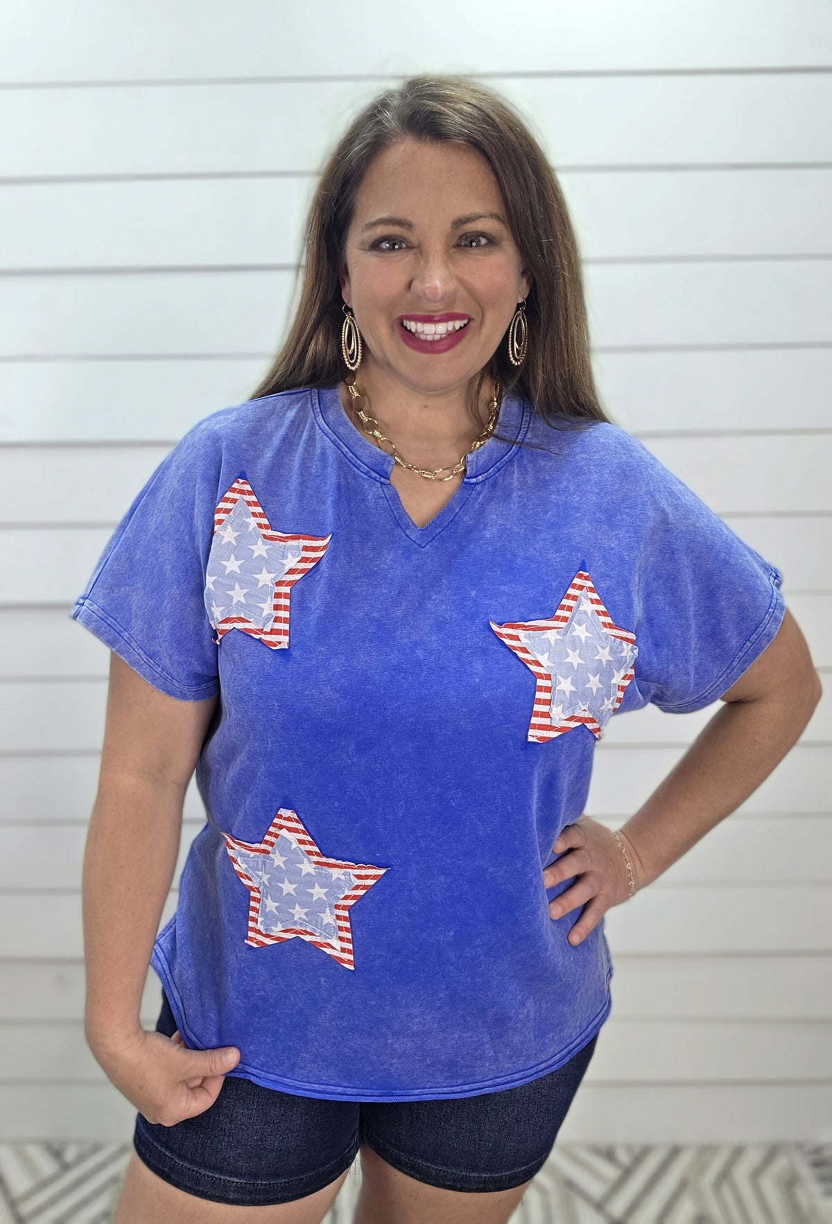 BLUE MINERAL WASH STAR KNIT TOP