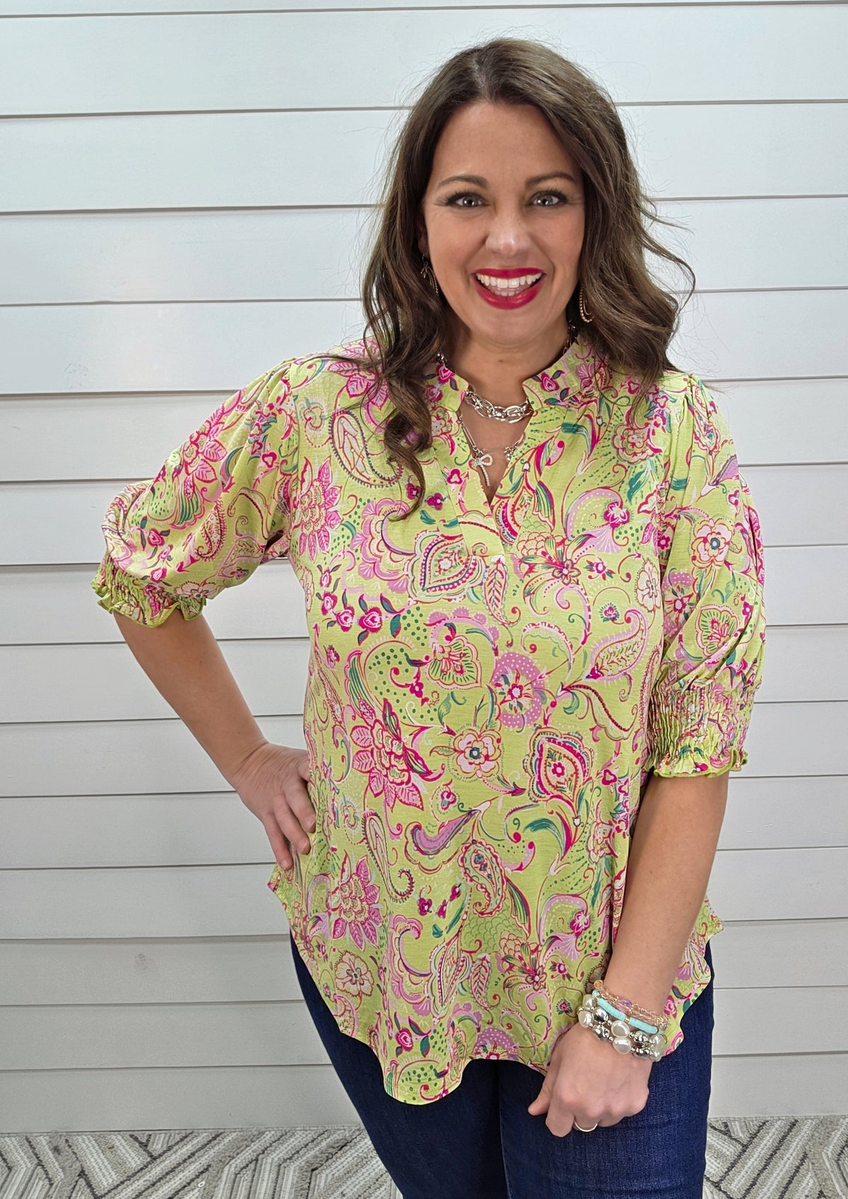 DEAR SCARLETT SMOCKED TOP - GREEN/PINK PRINTED