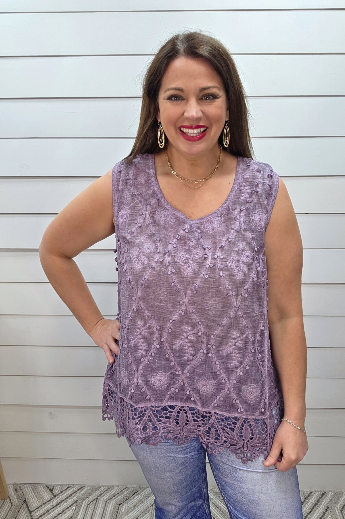 PURPLE CASUAL CROCHET DETAIL TANK TOP