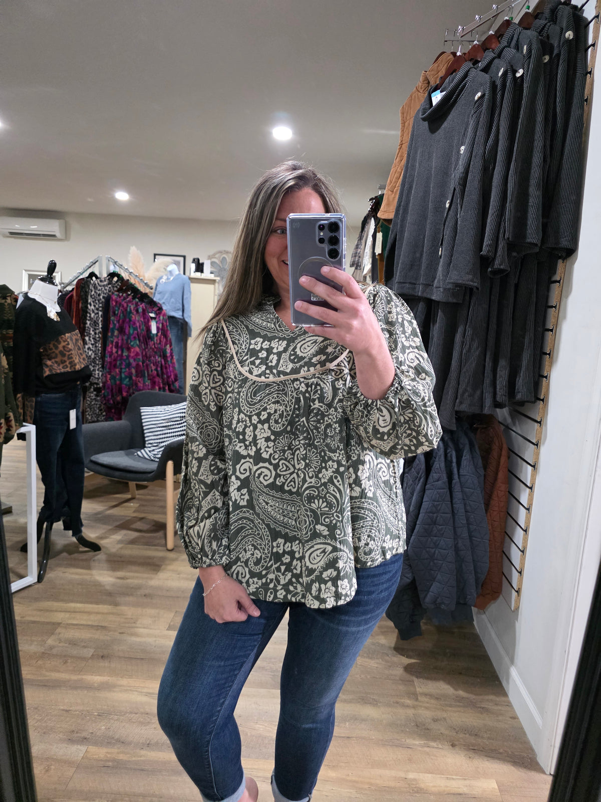 OLIVE/TAUPE TEXTURED PRINTED BLOUSE