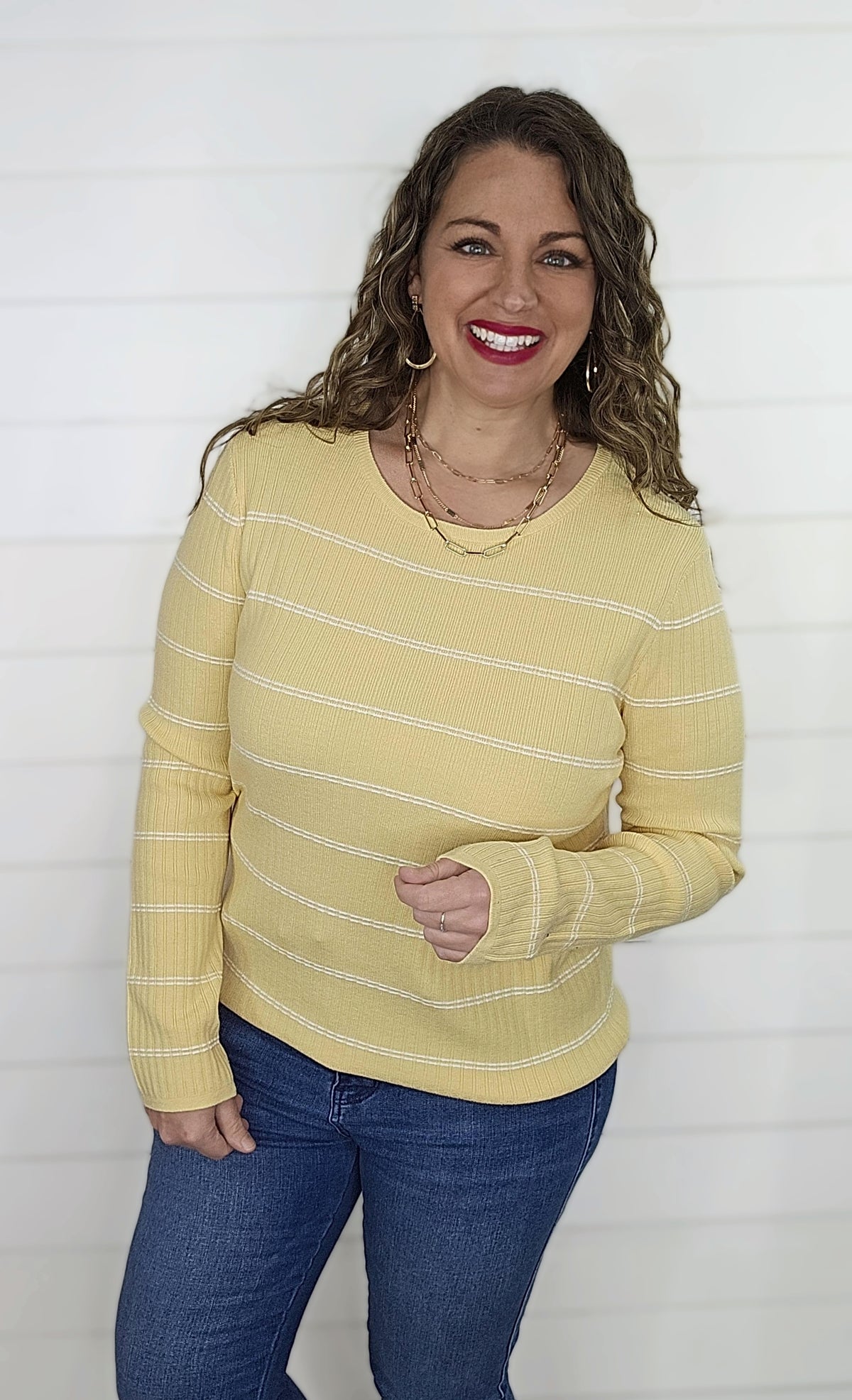 YELLOW TEXTURED STITCH STRIPE CREW NECK PULLOVER