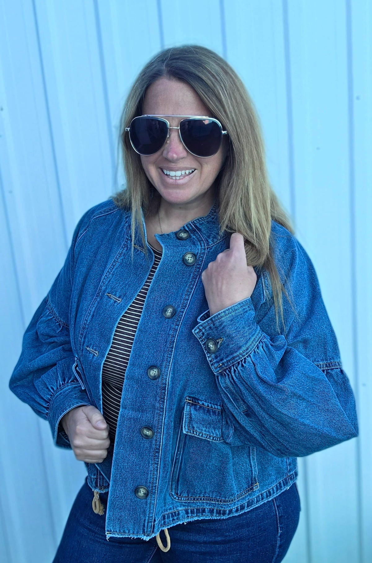 Medium Blue Balloon Sleeve Denim Jacket