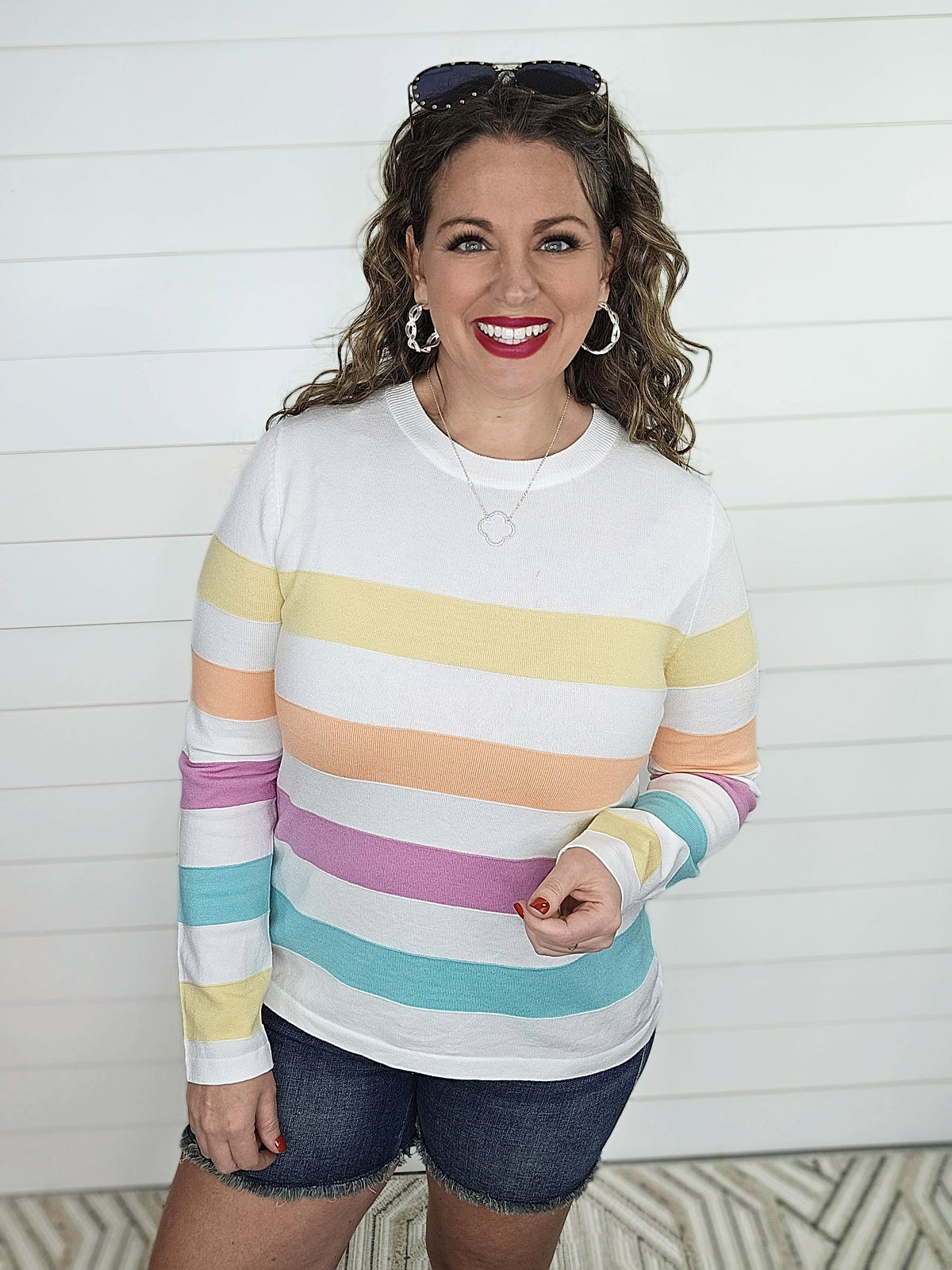 WHITE BRIGHT STRIPED COLORBLOCK KNIT TOP