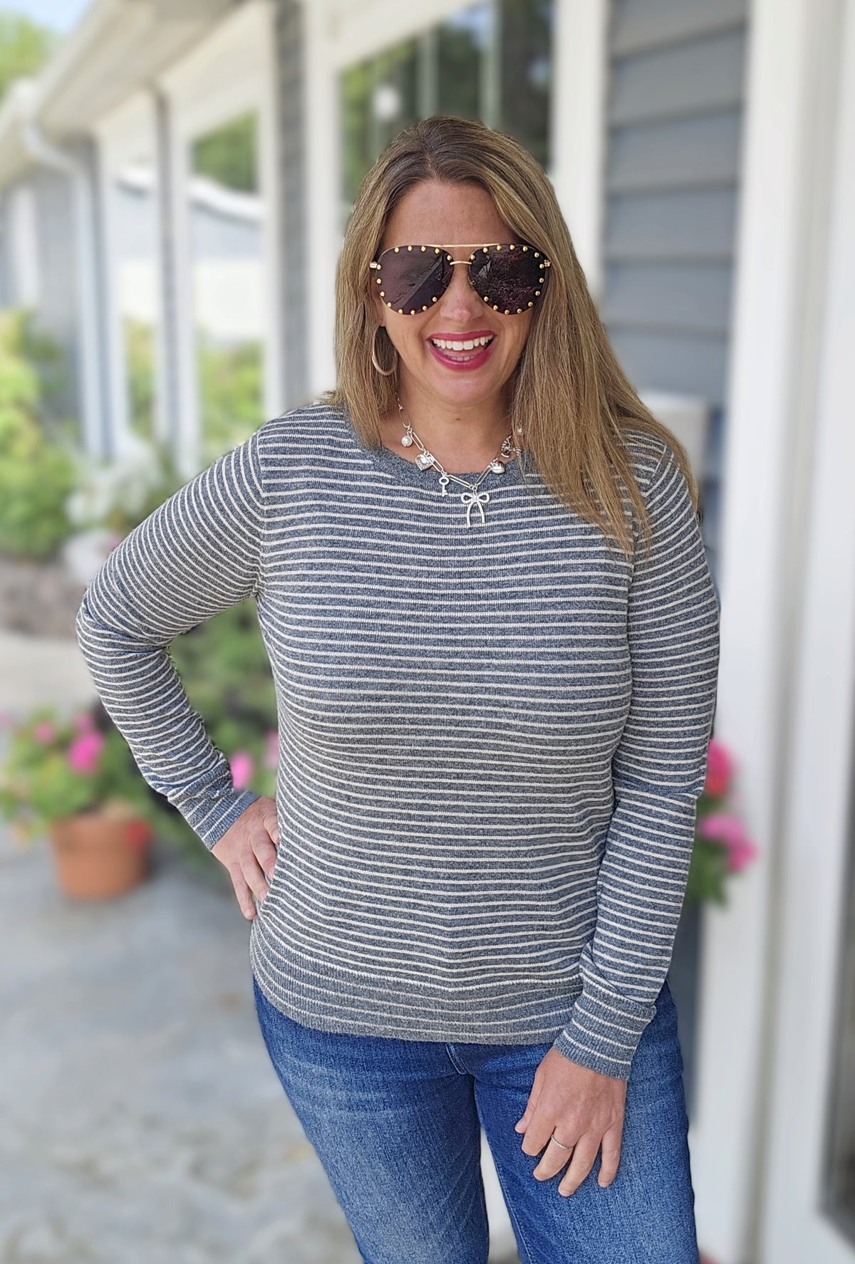 GREY/WHTIE STRIPED LIGHT WEIGHT SWEATER