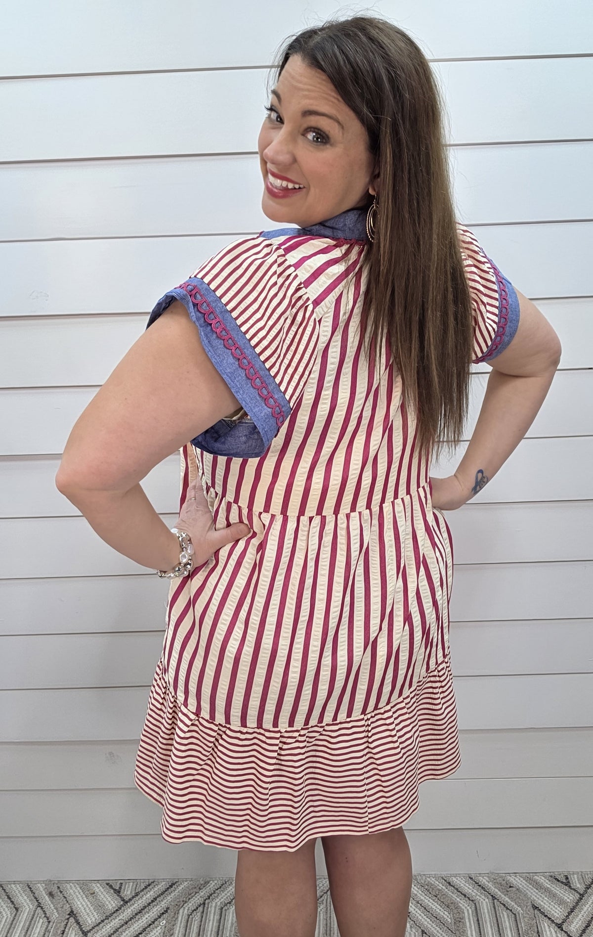 PINK VERTICAL STRIPED DRESS W/ HENLEY BUTTON AND DENIM TRIM