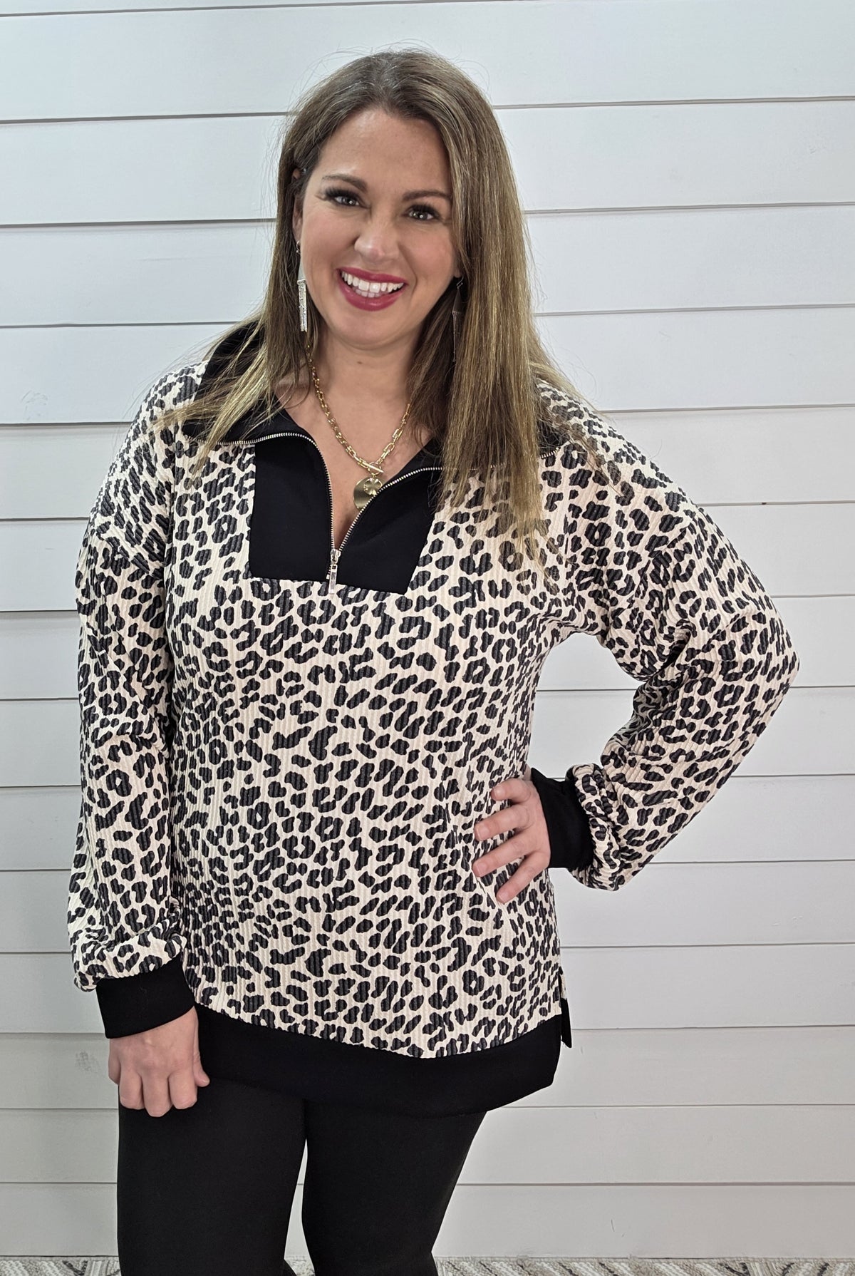 BEIGE/BLACK LEOPARD RAISED RIBBED QUARTER ZIP
