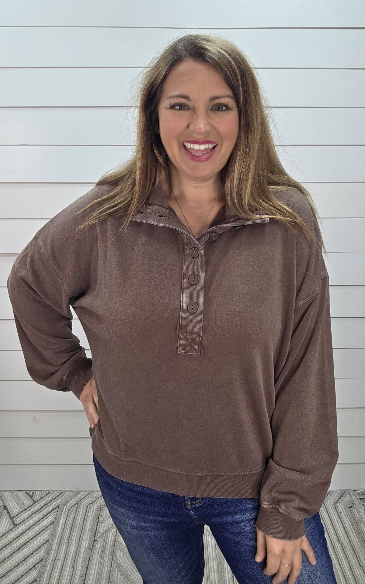 DARK BROWN ULTRA SOFT PULLOVER W/ HALF BUTTON NECKLINE