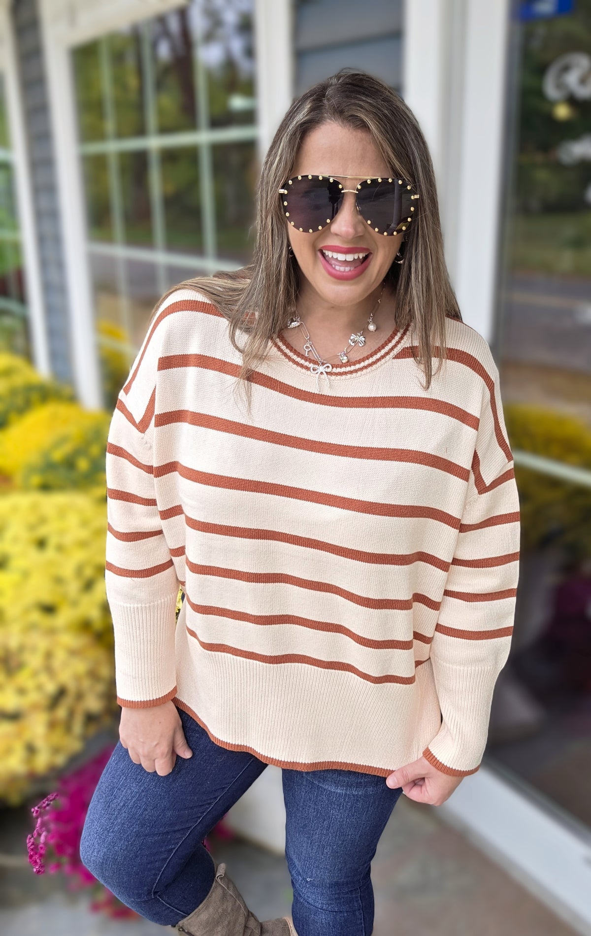 CREAM/RUST STRIPED OVERSIZED SWEATER
