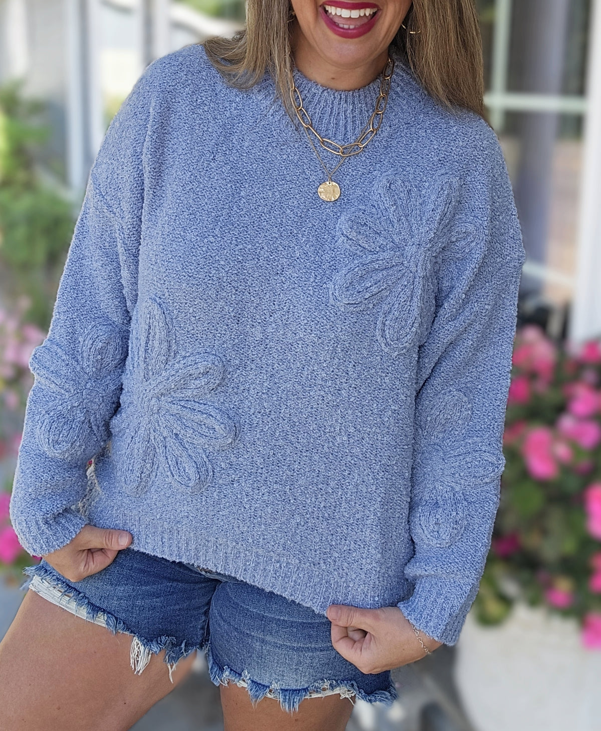 BLUE LARGE FLORAL KNIT SWEATER