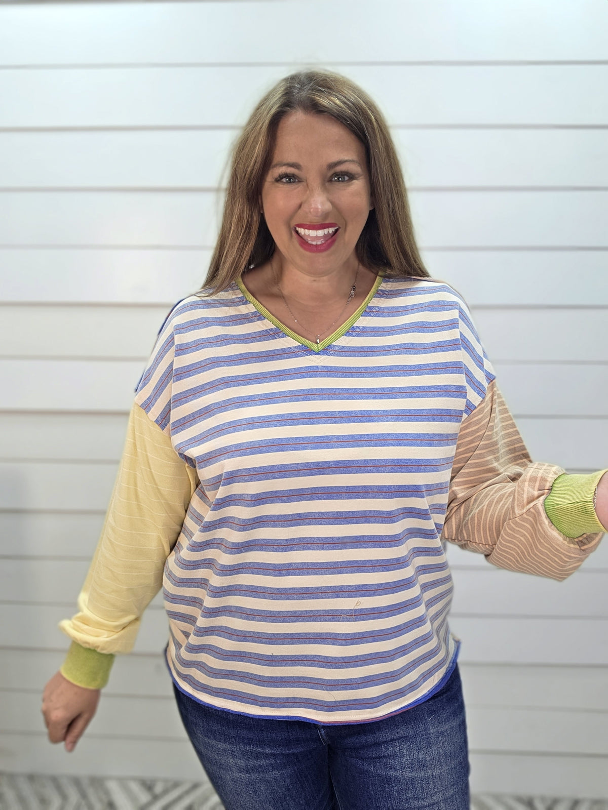 BLUE/YELLOW/PEACH/GREEN STRIPED CONTRAST TOP
