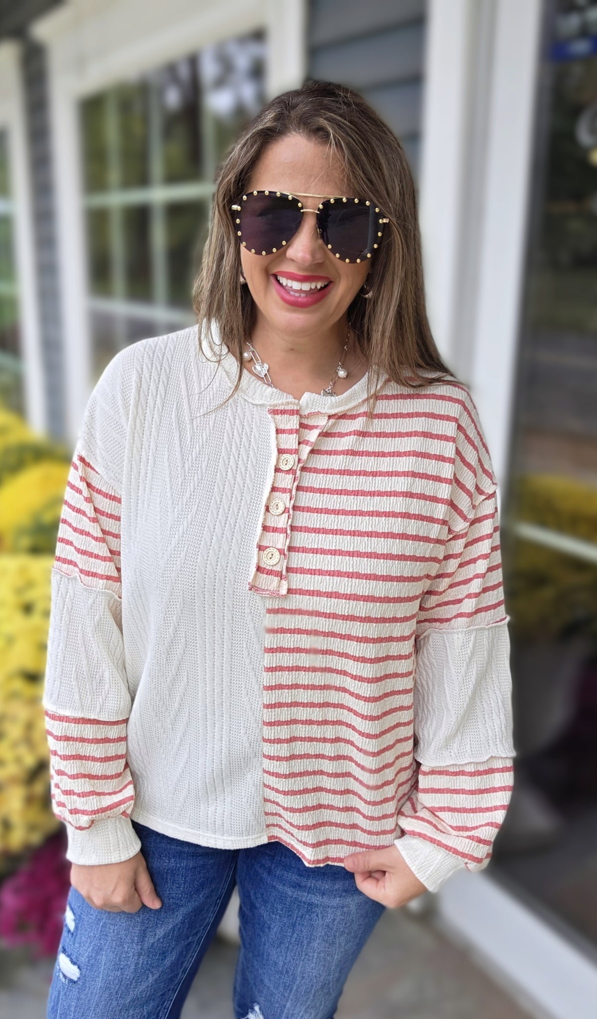 MAUVE CONTRAST STRIPED/TEXTURED BUTTON TRIM KNIT TOP