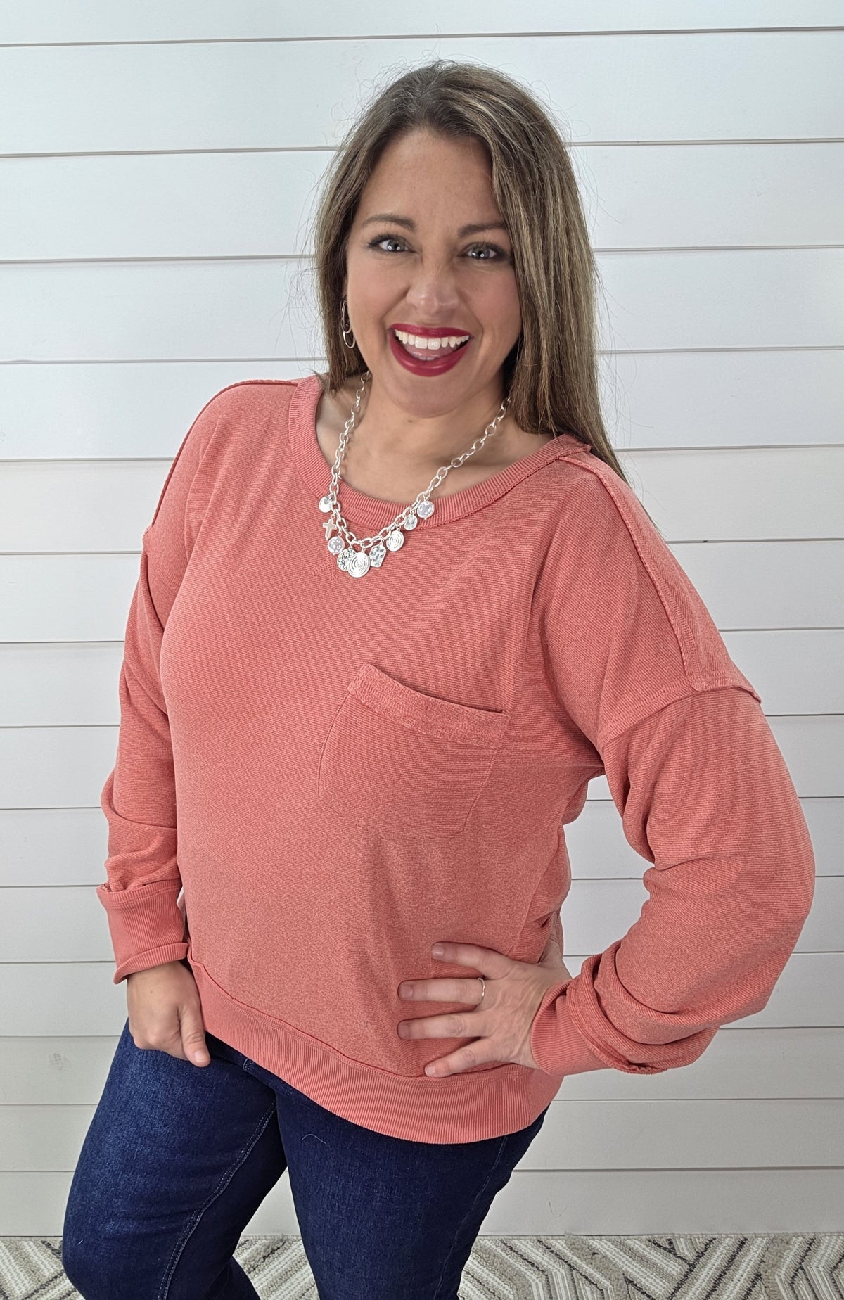 LT RUST CREW NECK DROP SHOULDER COZY PULLOVER WITH CHEST POCKET