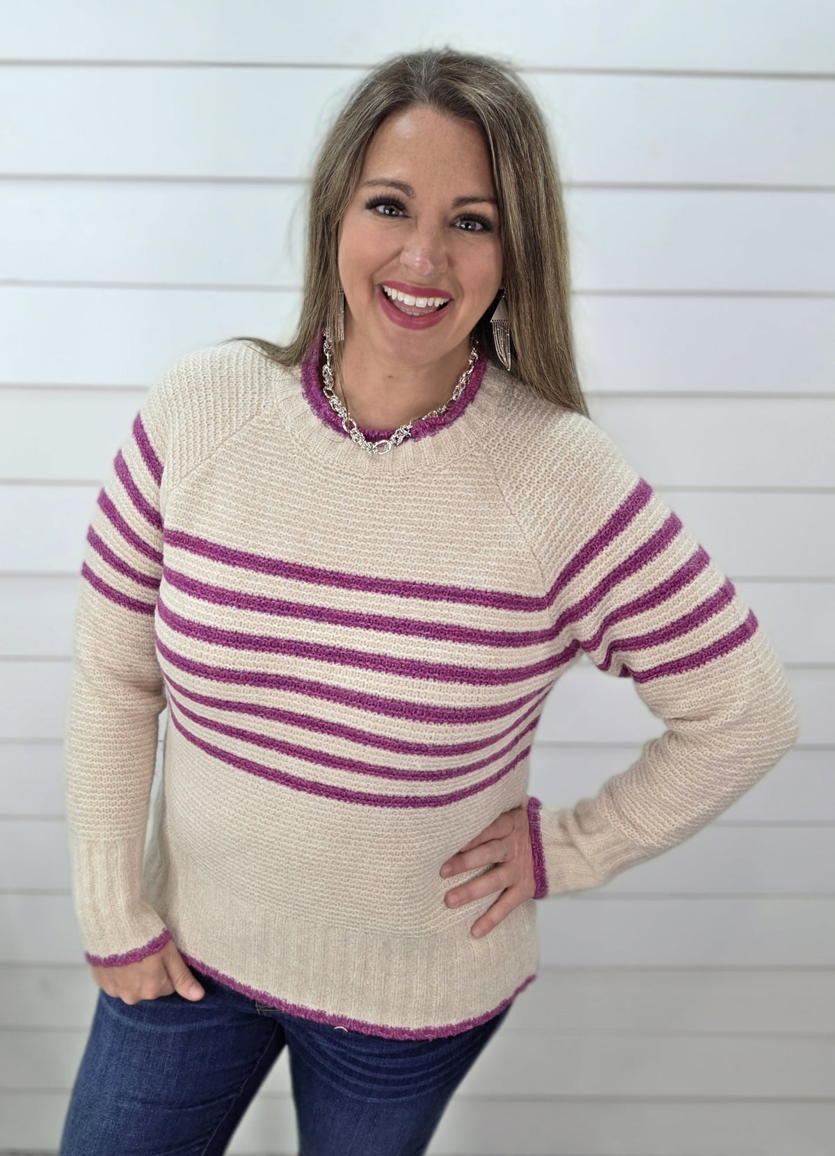 OATMEAL/MAGENTA STRIPED KNIT PULLOVER SWEATER