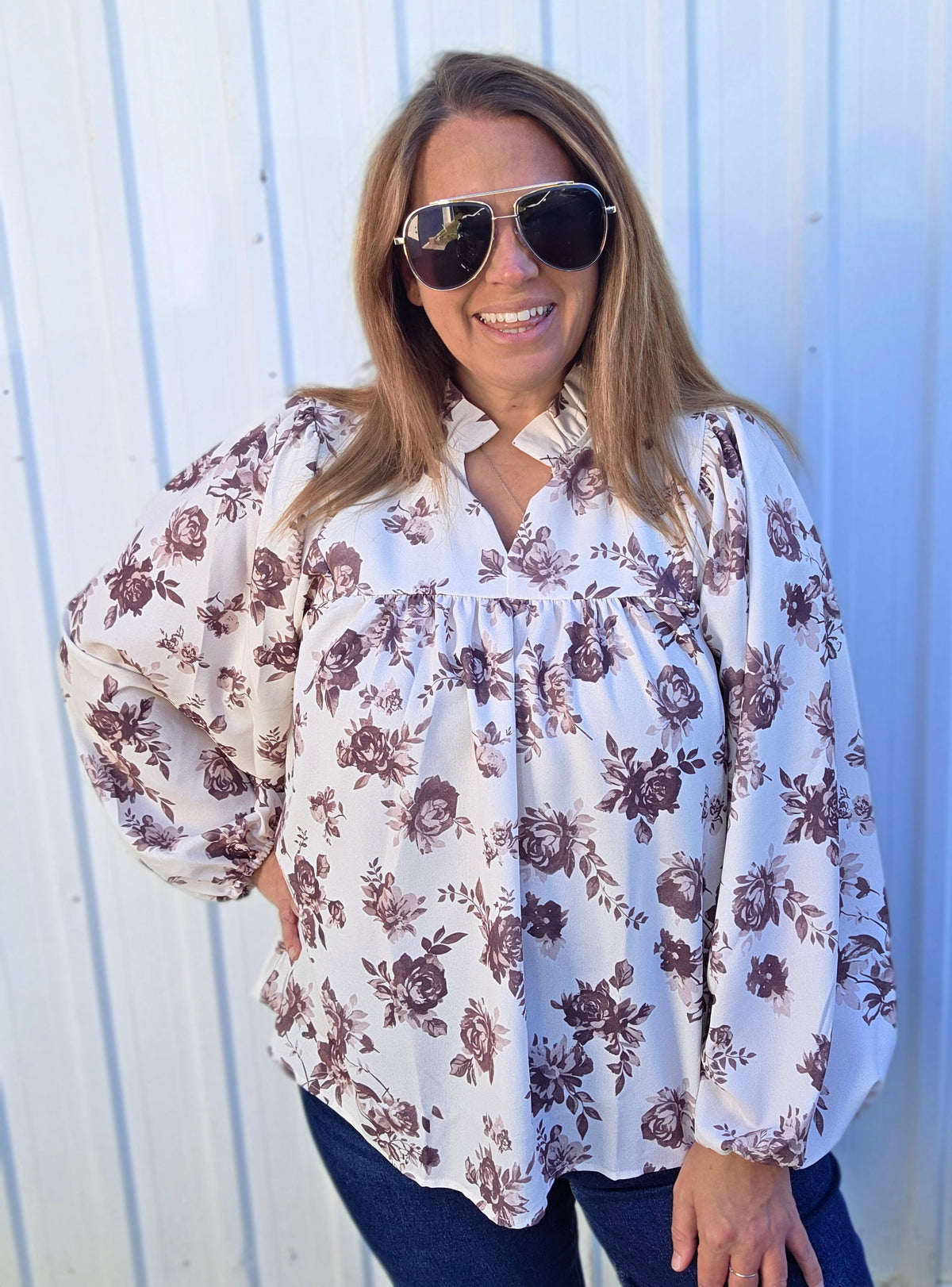 Oatmeal/Brown Frilled Notch Neck Yoke Bubble Long Sleeve Vintage Floral Print Woven Blouse