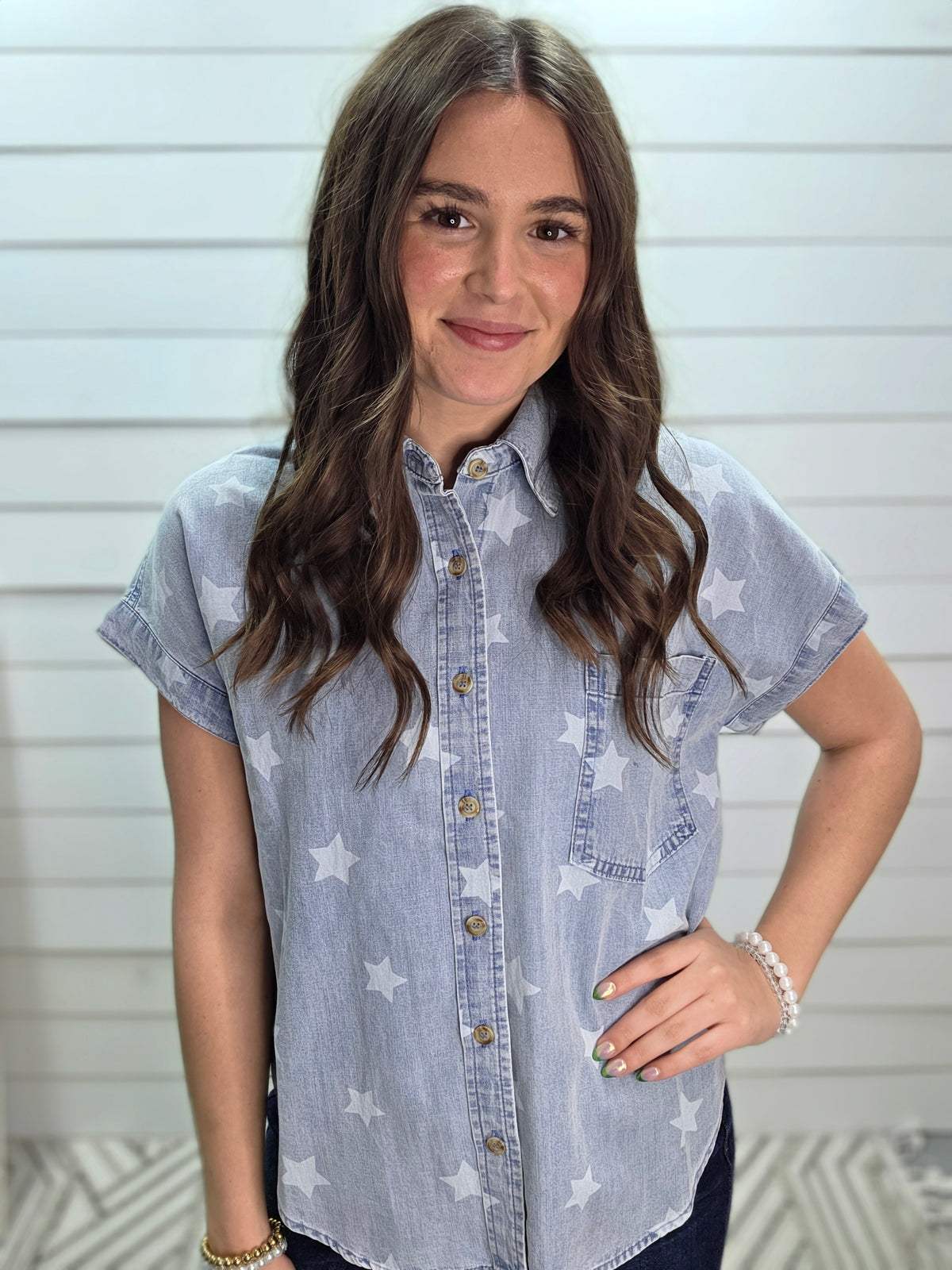 DENIM STAR BUTTON DOWN TOP