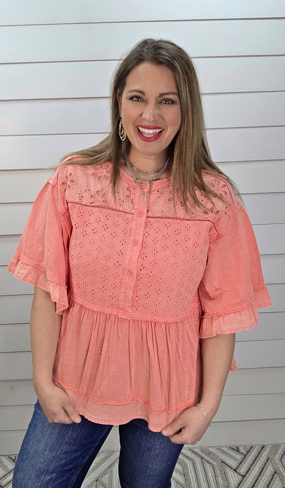CORAL LACE EYELET TRIM HALF BUTTON RUFFEL TOP
