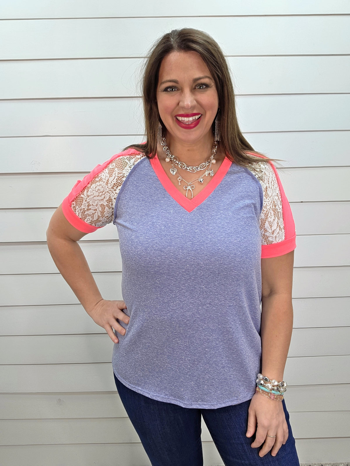 HEATHERED DENIM BLUE COTTON BLEND KNIT TOP W/ HOT PINK AND LACE TRIM