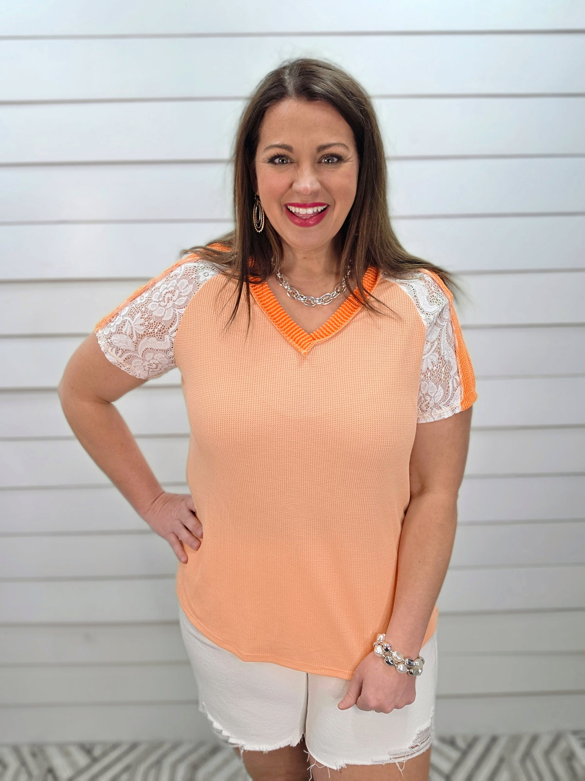 CORAL WAFFLE KNIT TOP W/ LACE SLEEVES AND RAISED RIBBED TRIM