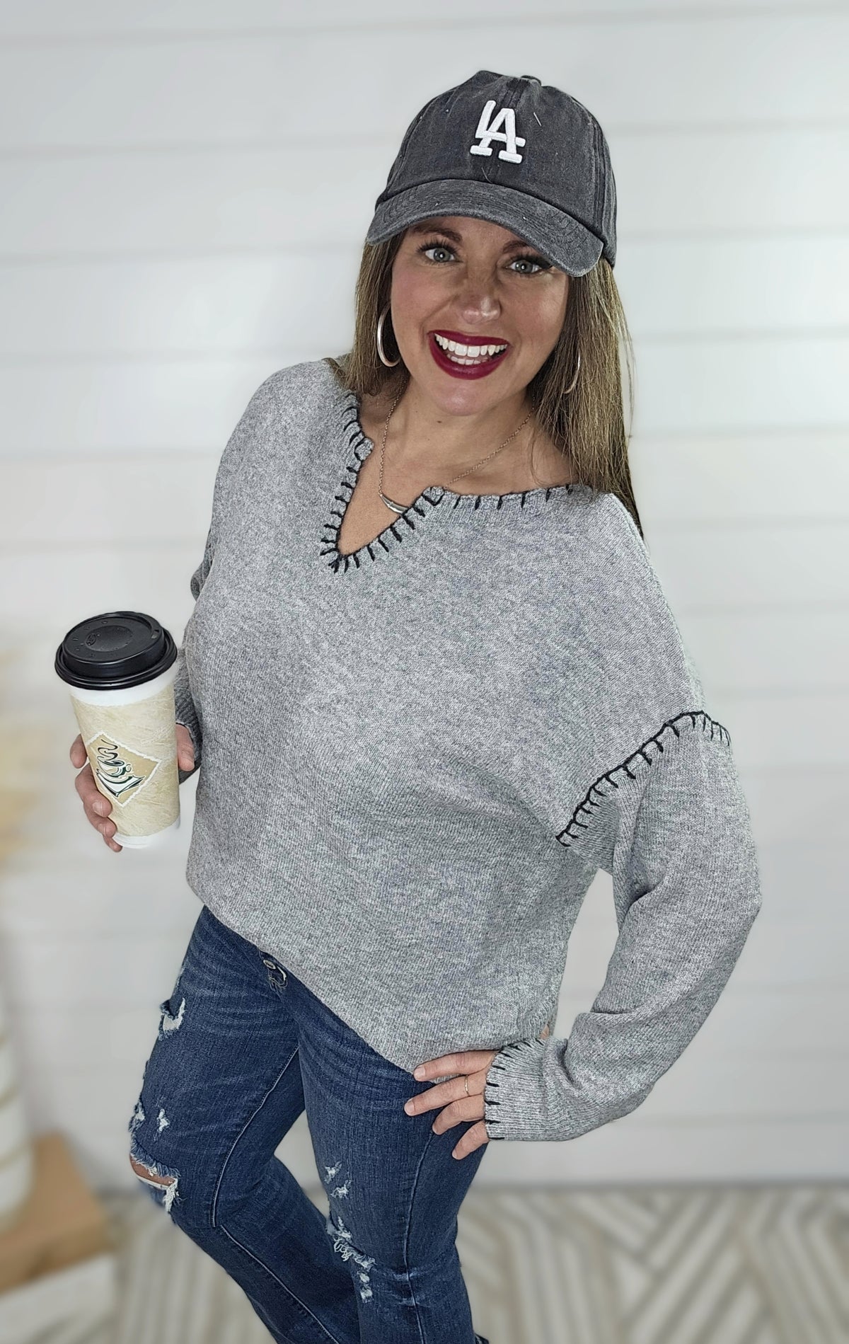 HEATHER GREY BLANKET STITCH NOTCHED NECKLINE PULLOVER SWEATER