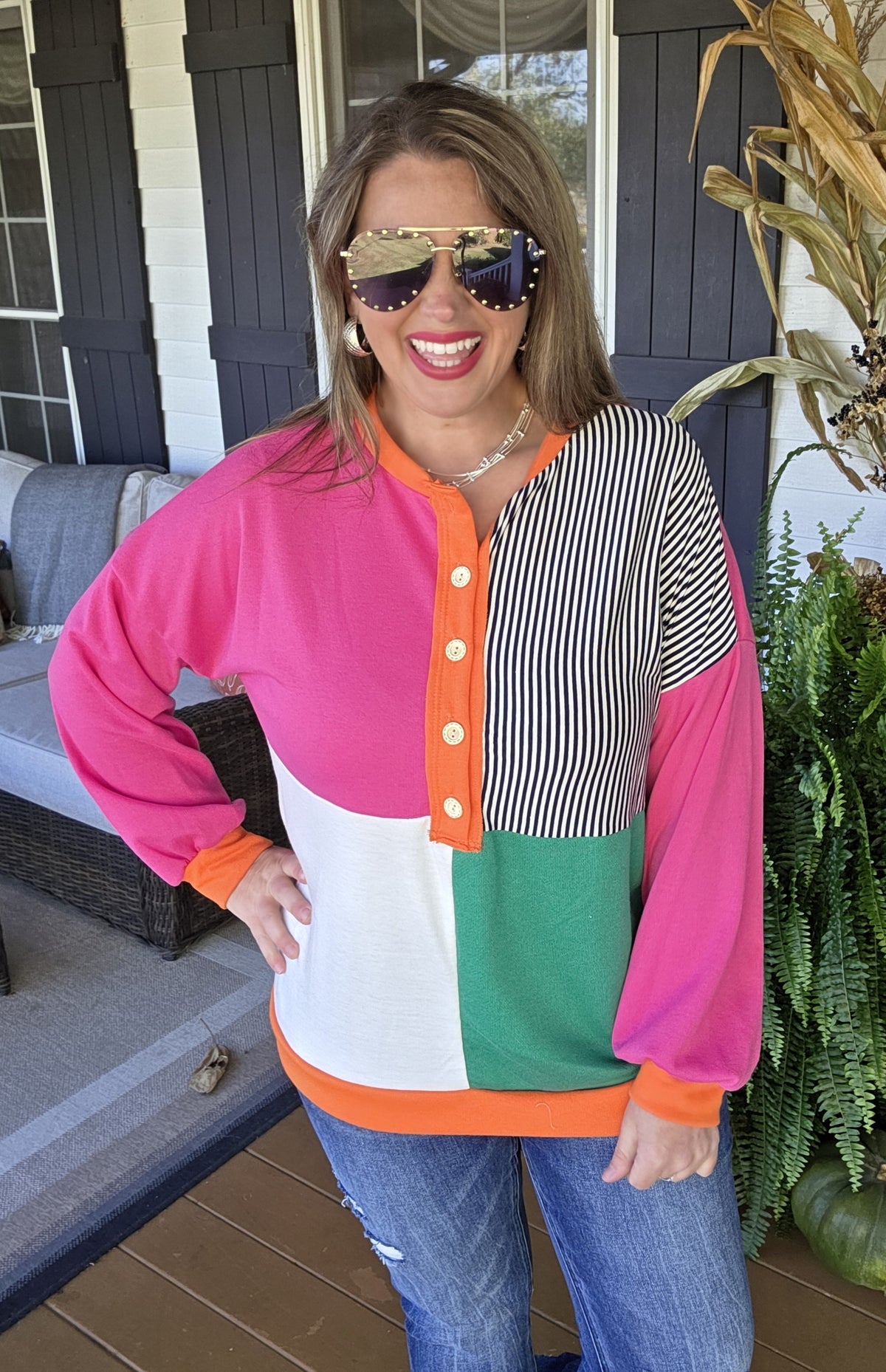 MULTI COLOR BLOCK FRENCH TERRY HENLEY TOP