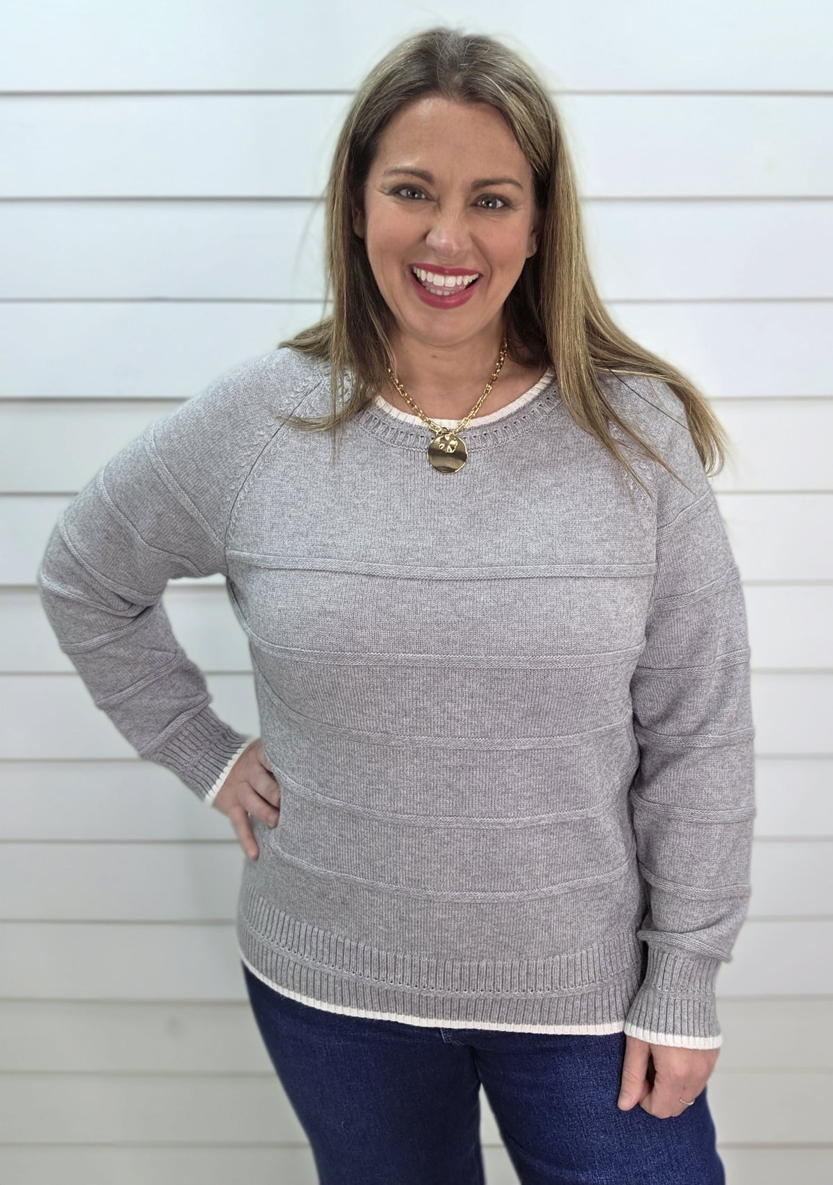 HEATHER GREY TEXTURED STRIPED CREW NECK PULLOVER SWEATER