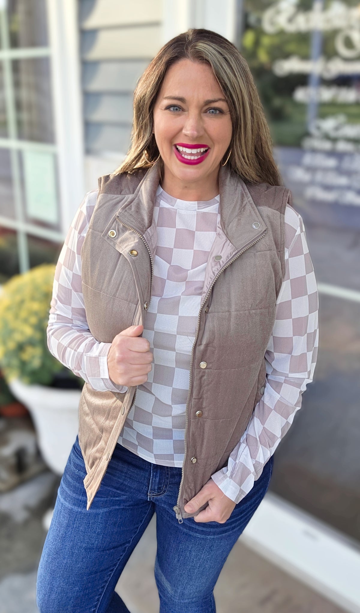 MOCHA MINI CORD PUFFER SNAP BUTTON VEST