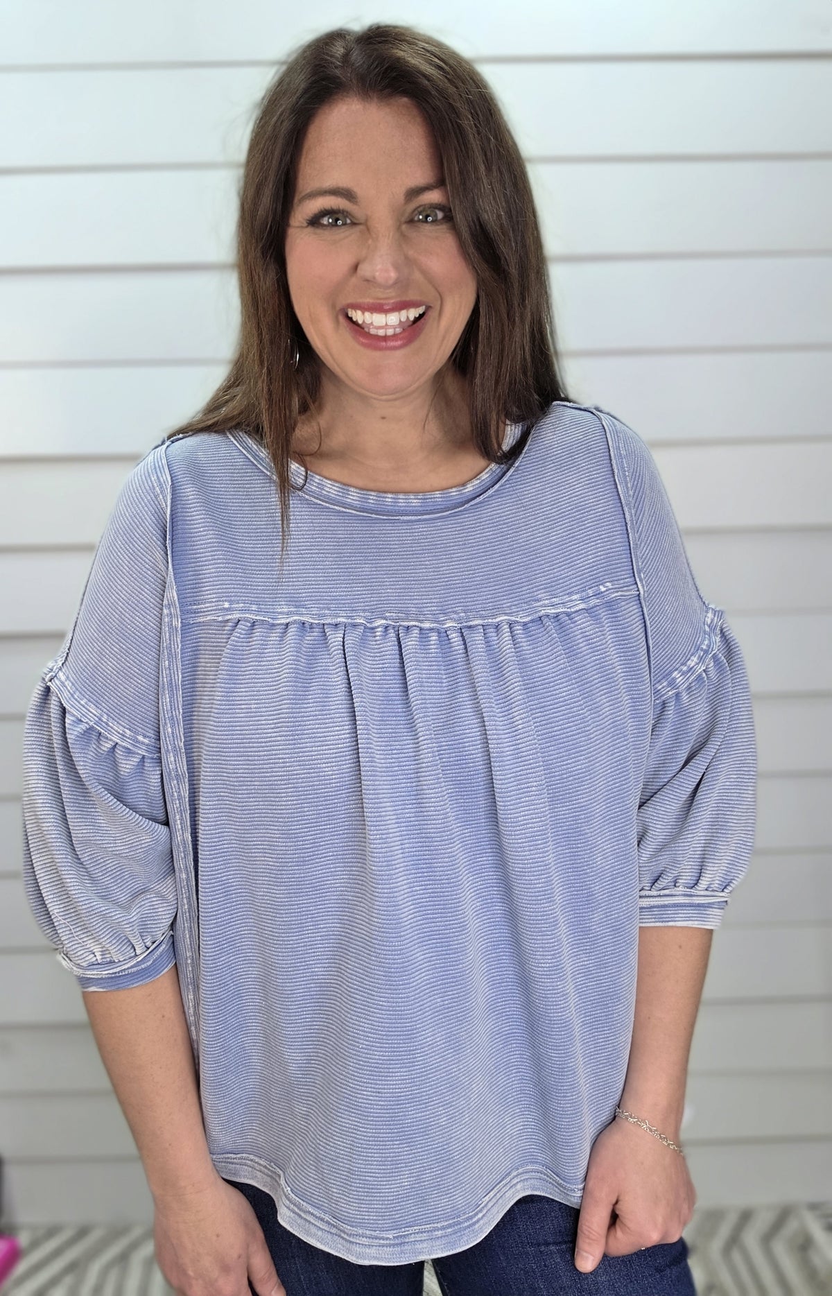 BLUE RIBBED KNIT OVERSIZED MINERAL WASH TOP