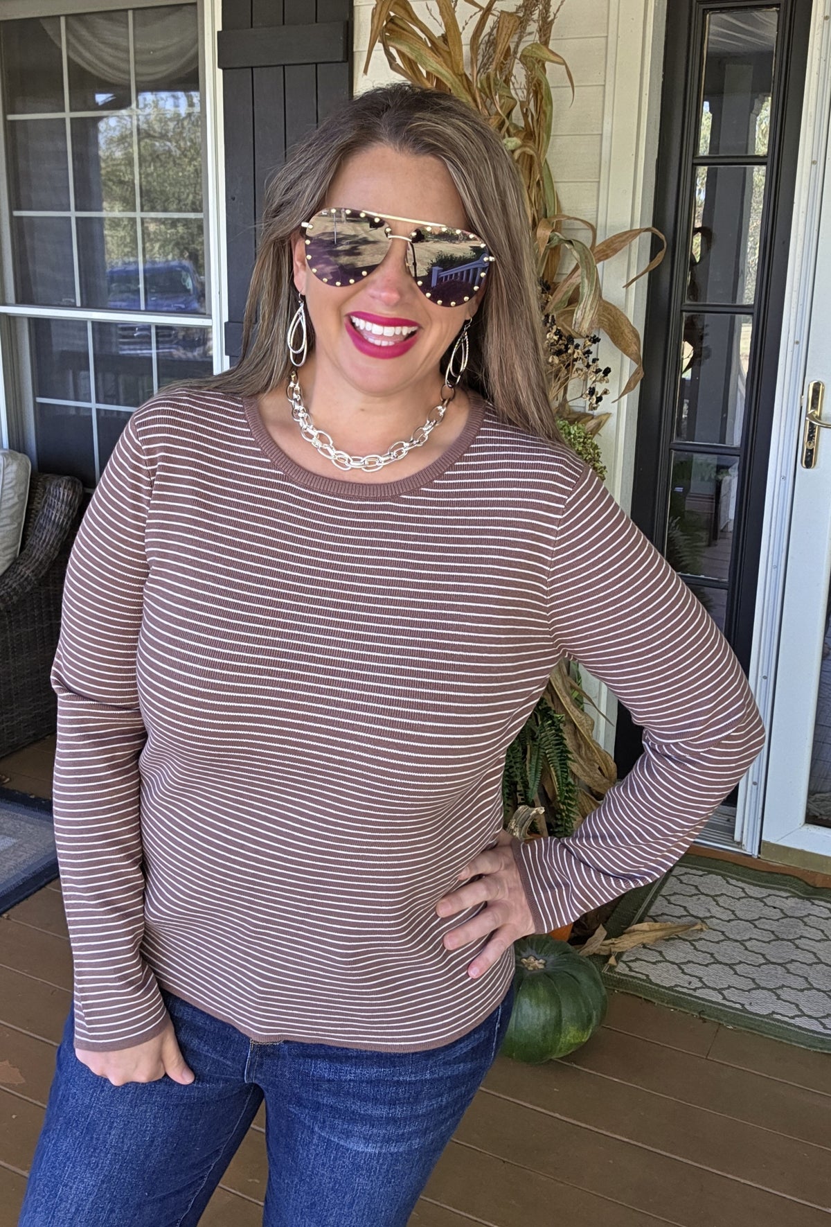 MOCHA PINSTRIPED PULLOVER SWEATER
