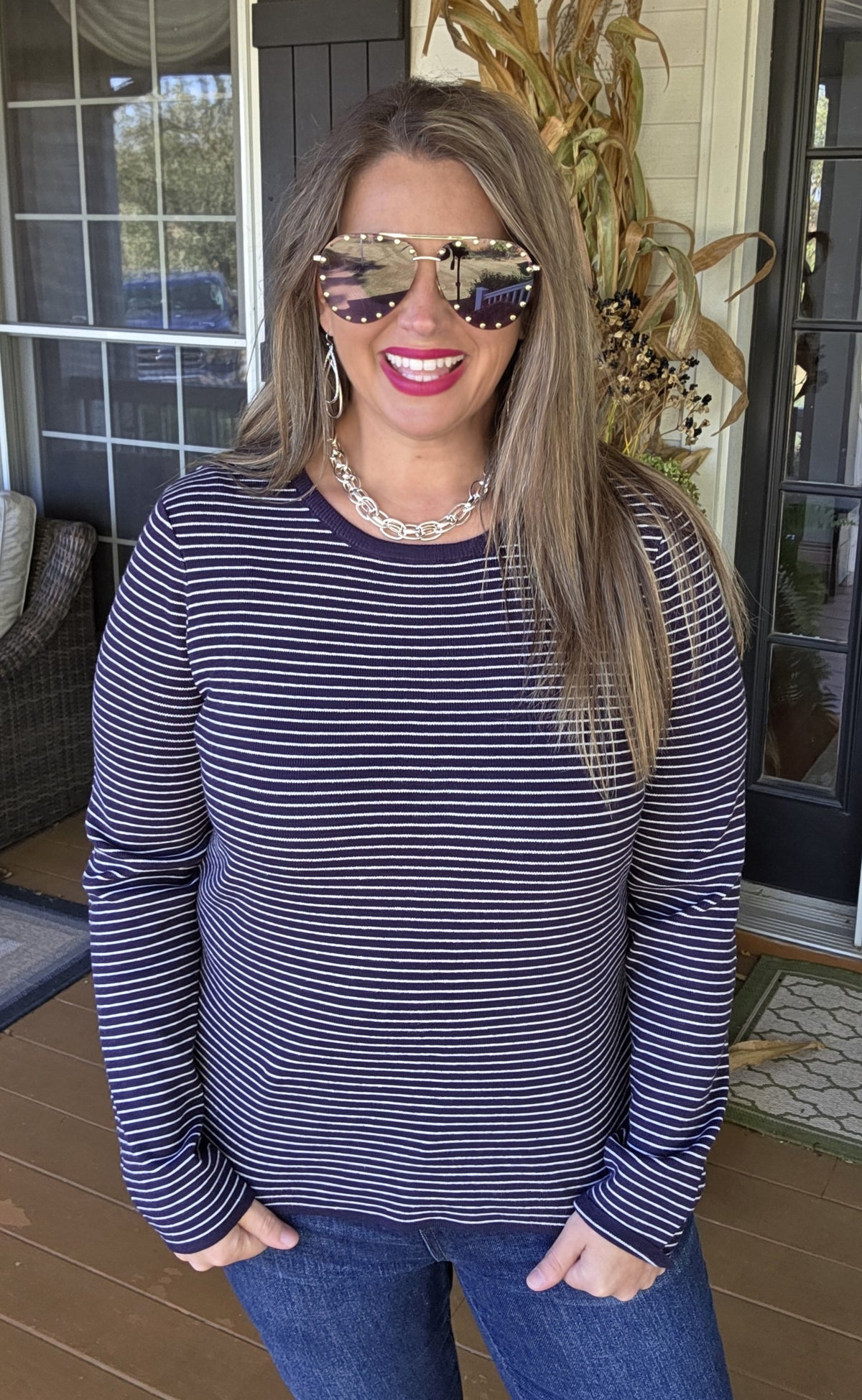 DARK NAVY PINSTRIPED PULLOVER SWEATER