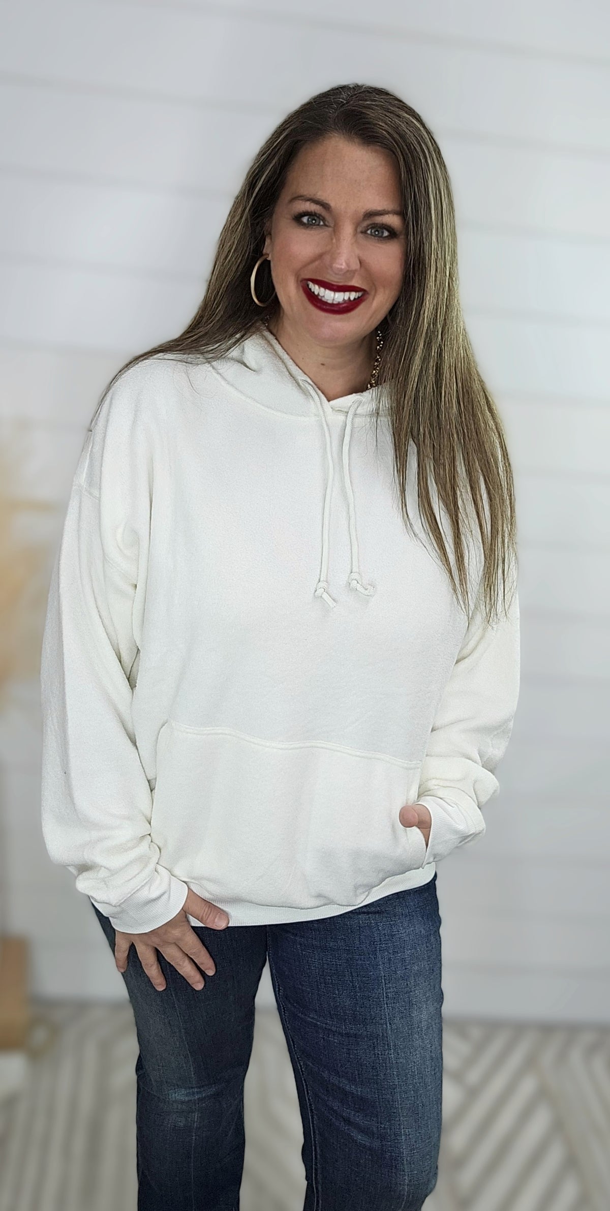 CREAM BRUSHED KNIT SOFT HOODIE PULLOVER