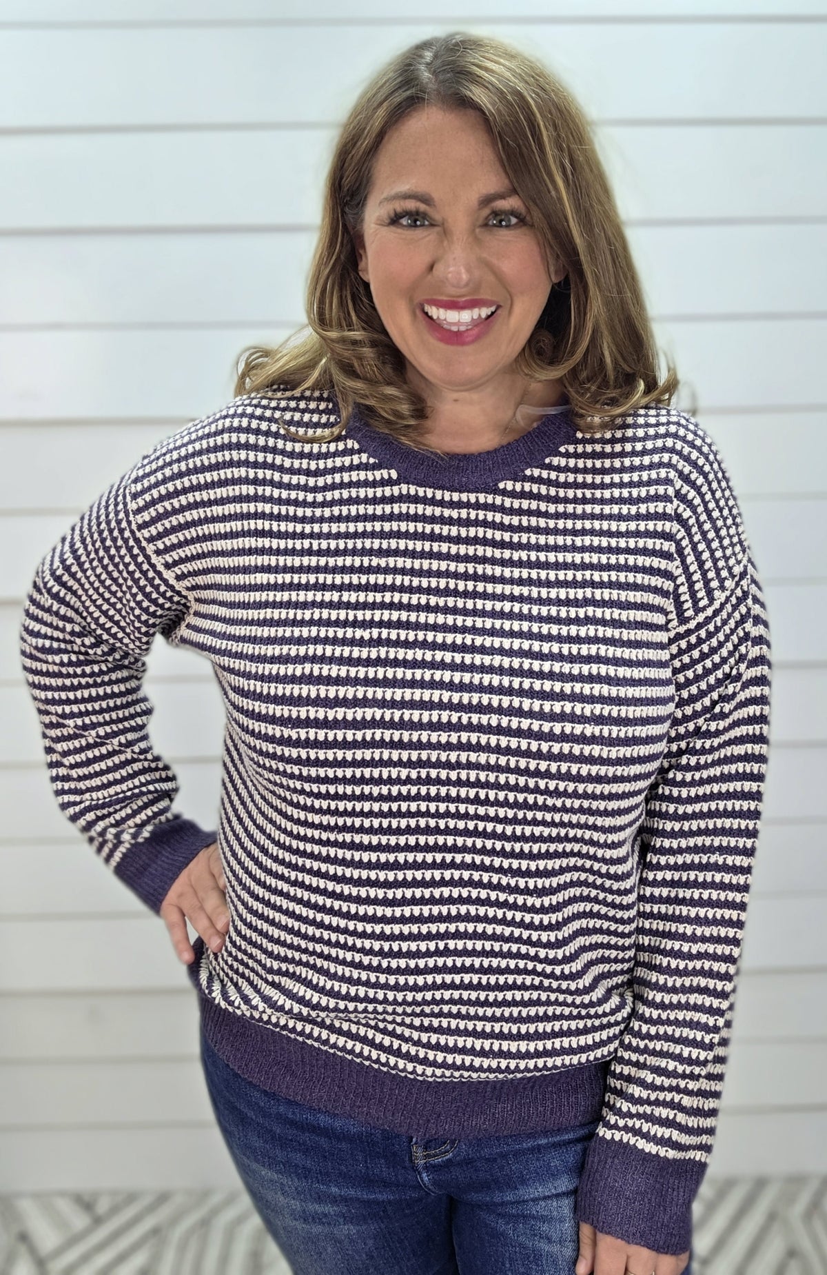 EGGPLANT Color Trimmed Long Sleeve 2 Tone Waffle Striped Crew Neck Pullover Sweater