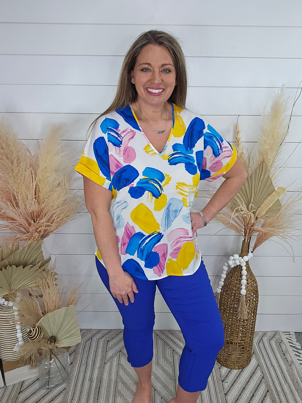 YELLOW/BLUE/PINK WATERCOLOR WOVEN V NECK TOP