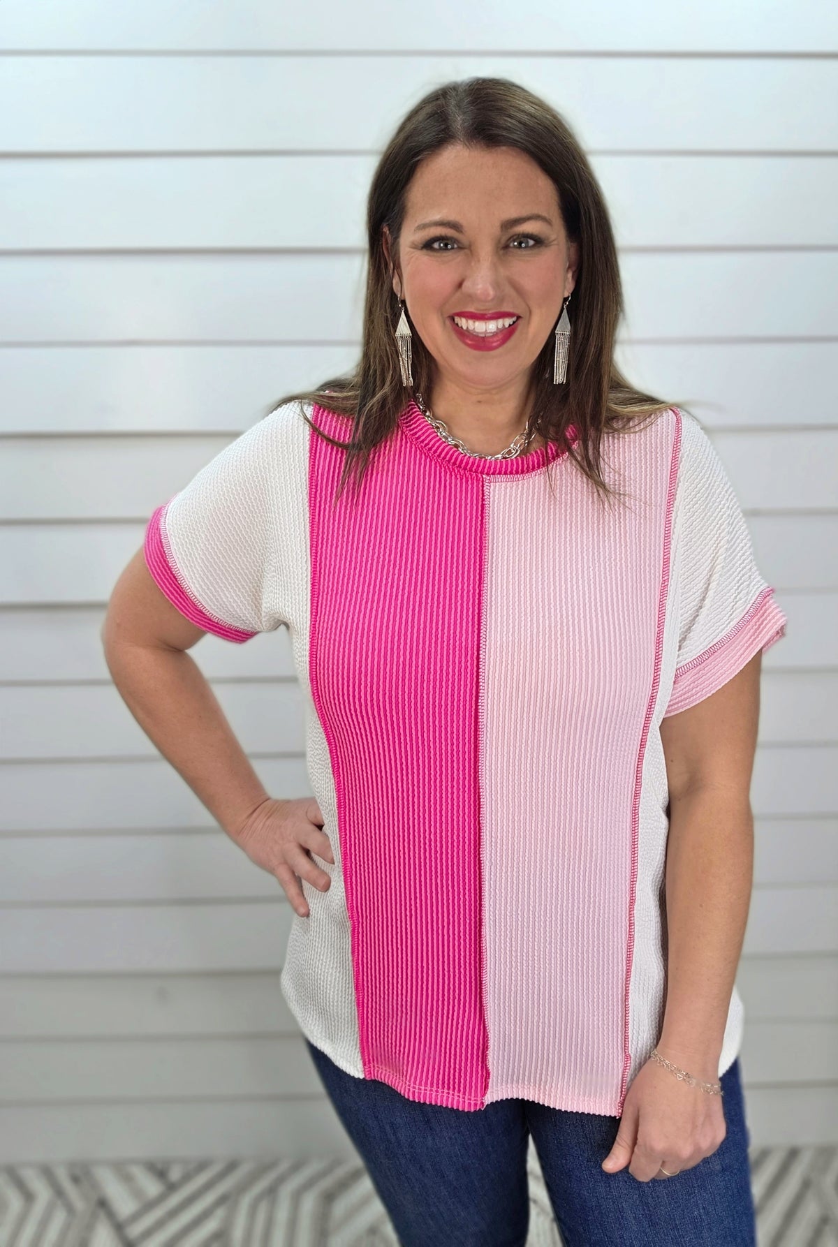 IVORY/FUCHSIA/PINK RAISED RIBBED COLORBLOCK KNIT TOP