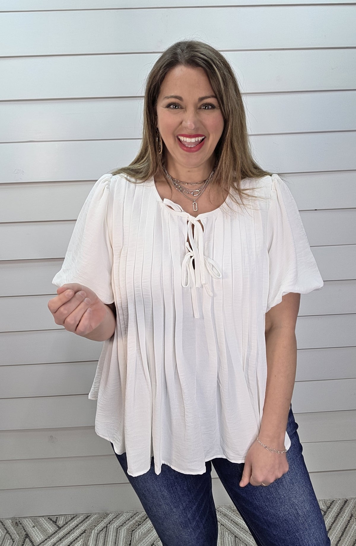 IVORY SCOOP NECK PLEATED TIE DETAIL WOVEN TOP