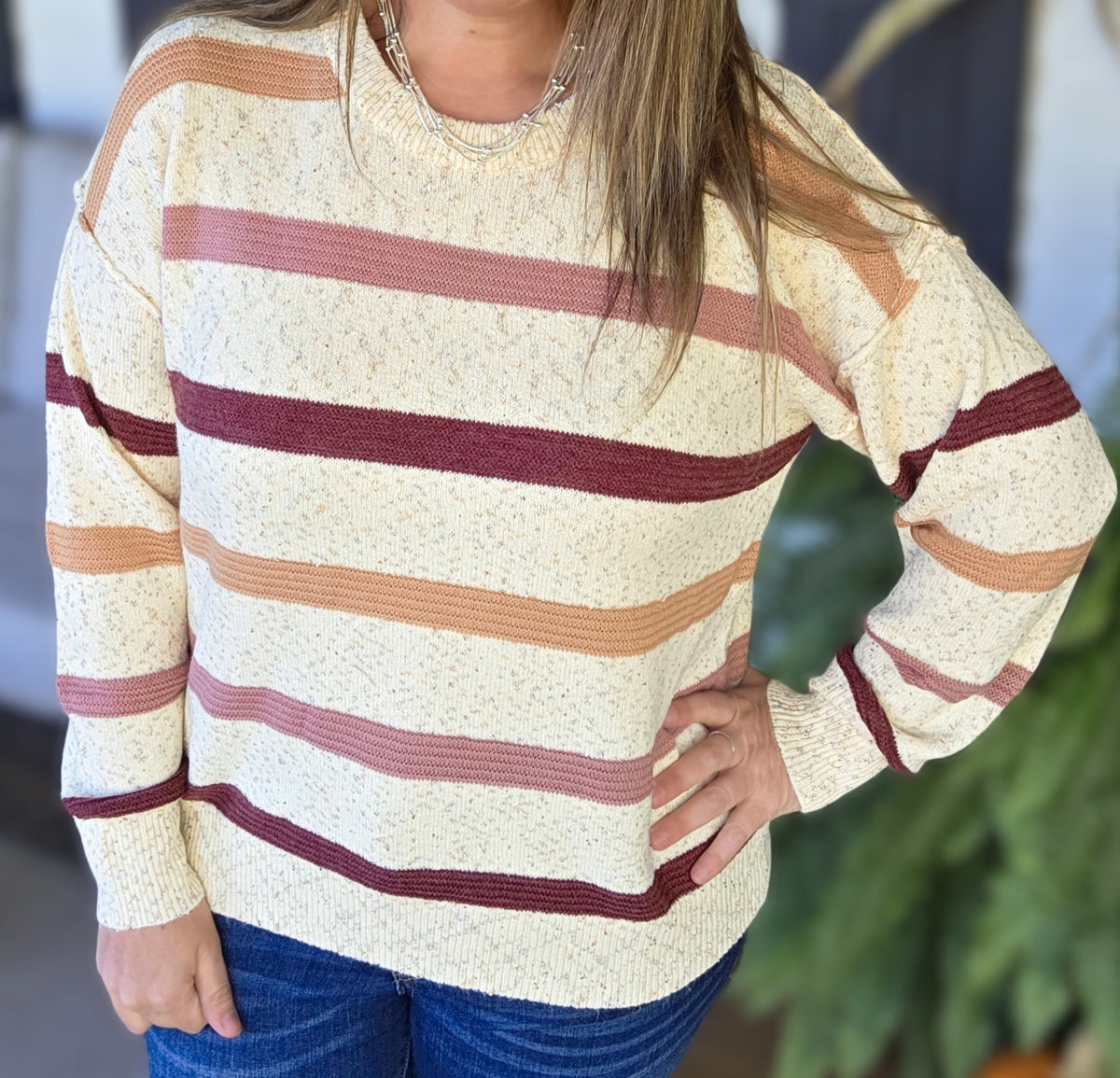 OATMEAL/ROSE SPECK STRIPED KNIT LIGHT WEIGHT SWEATER