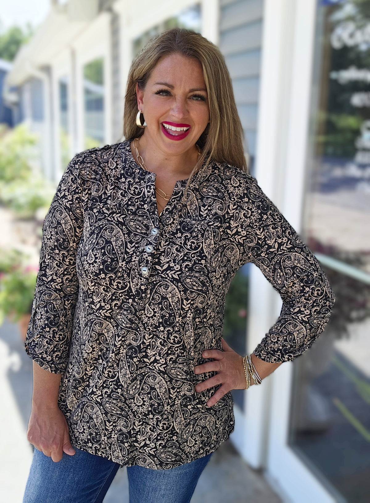 DEAR SCARLETT BLACK/TAUPE PAISLEY LUXE LIZZY TOP