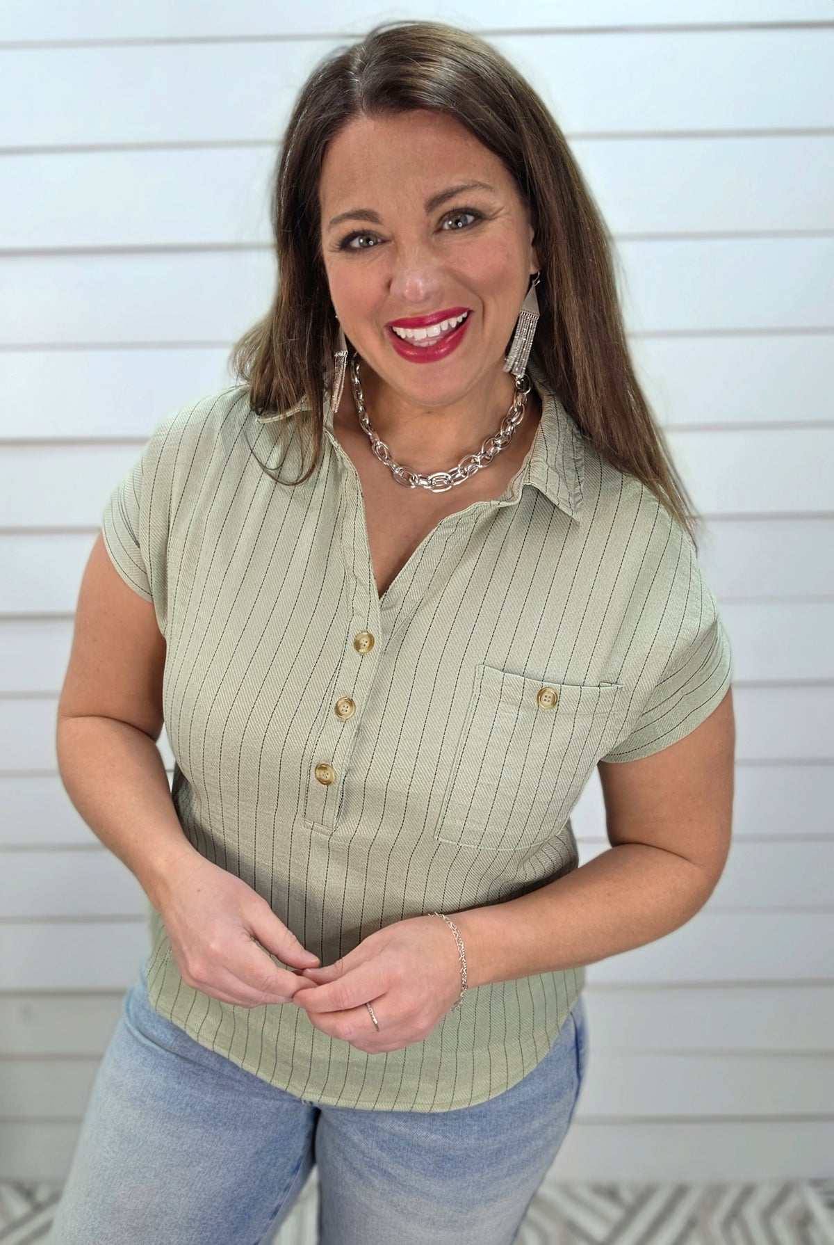 LIGHT OLIVE PINSTRIPED HALF BUTTON TOP