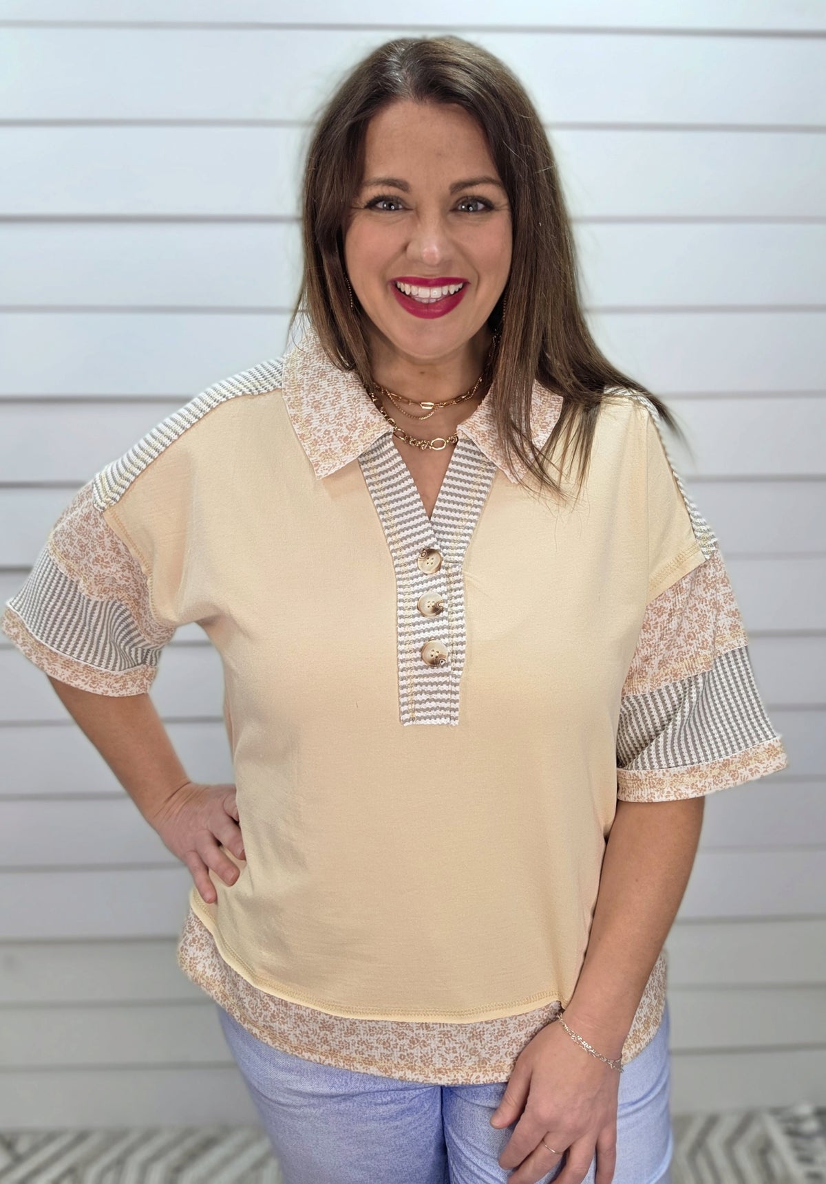 OATMEAL FLORAL/STRIPED HENLEY BUTTON KNIT TOP