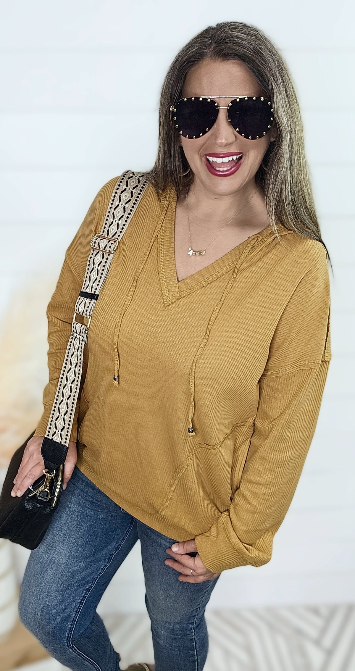 MUSTARD THERMAL TEXTURE V NECK HOODIE