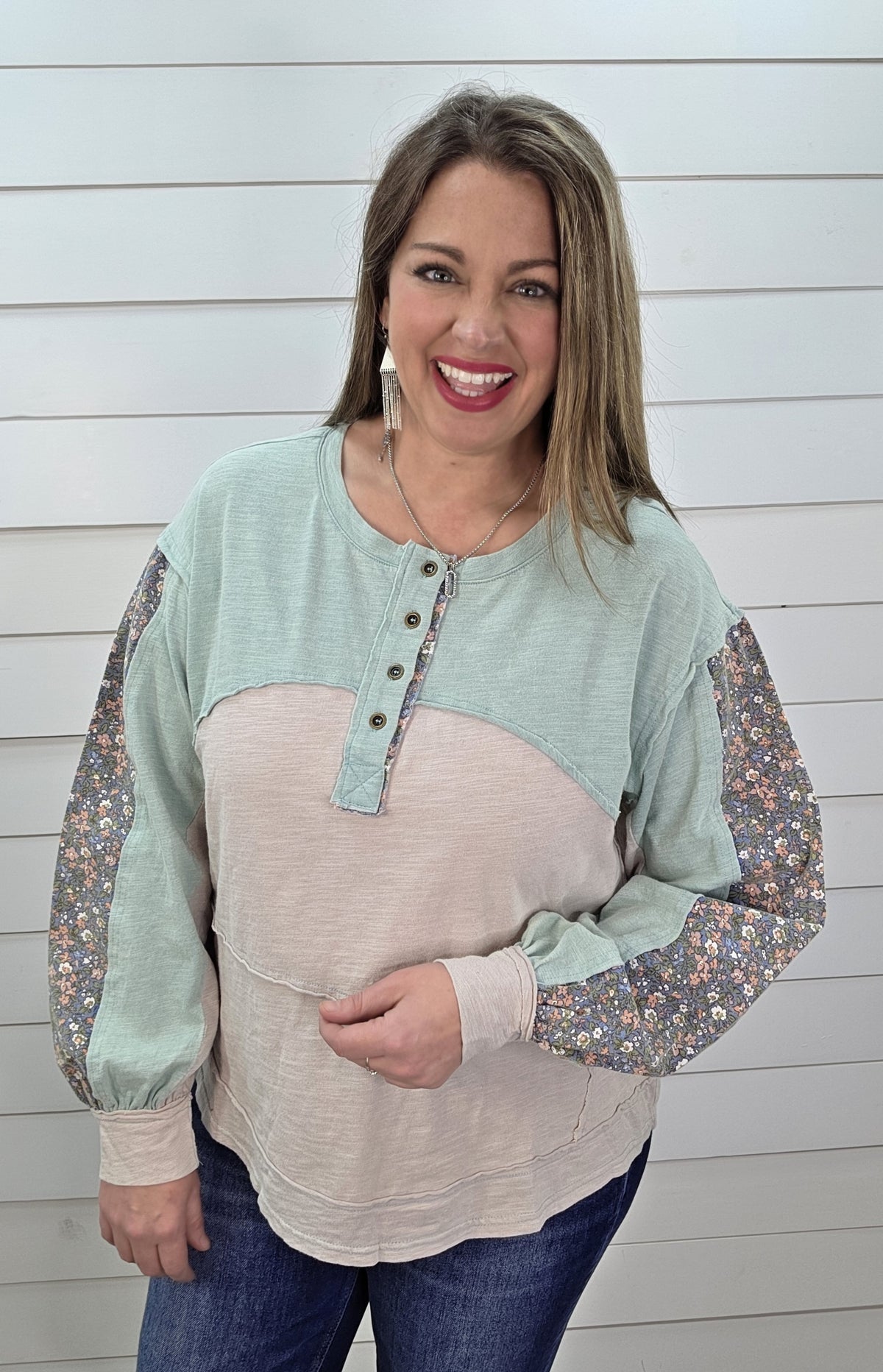 MINT/GREY FLORAL CONTAST OVERSIZED KNIT TOP