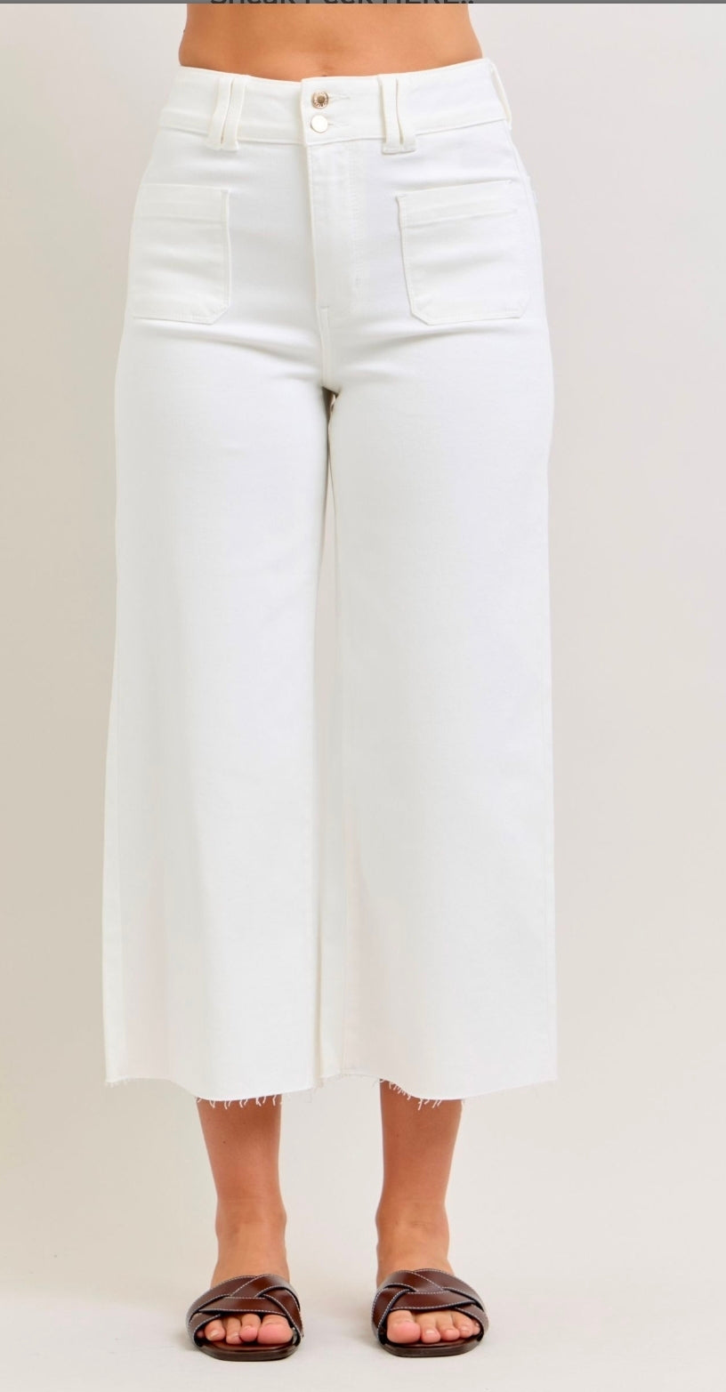 JUDY BLUE WIDE CROP FRONT POCKET WHITE JEANS