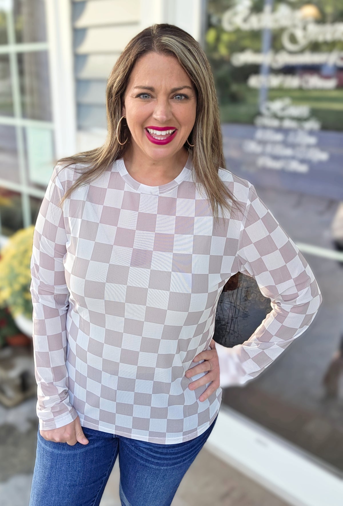 SHIRLY AND STONE TAUPE CHECK MESH TOP