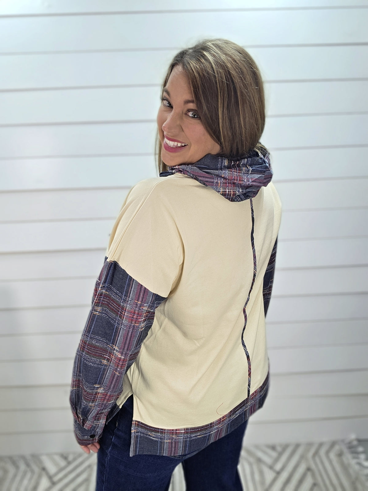 OATMEAL/PLAID STAR HOODED LIGHT WEIGHT FRENCH TERRY PULLOVER