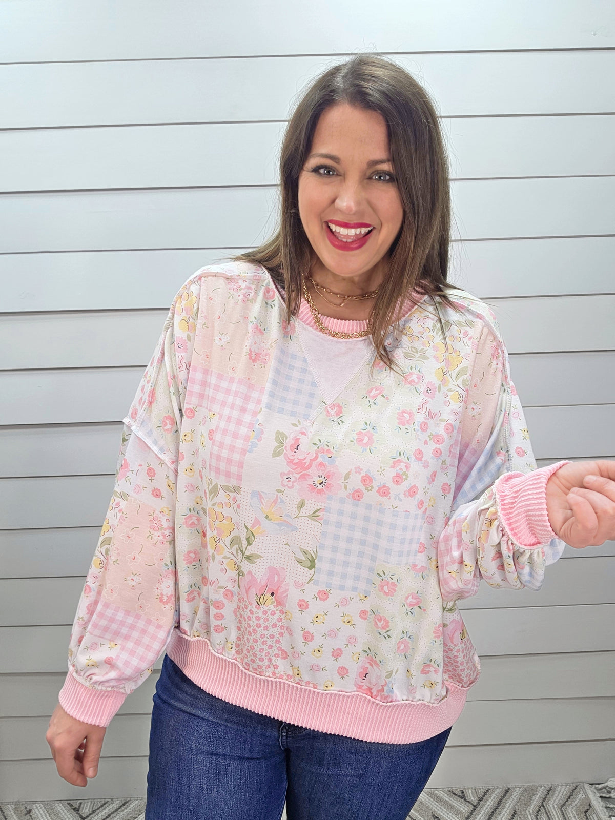 BLUSH/PINK PATCHWORK PRINTED LOOSE FIT TOP